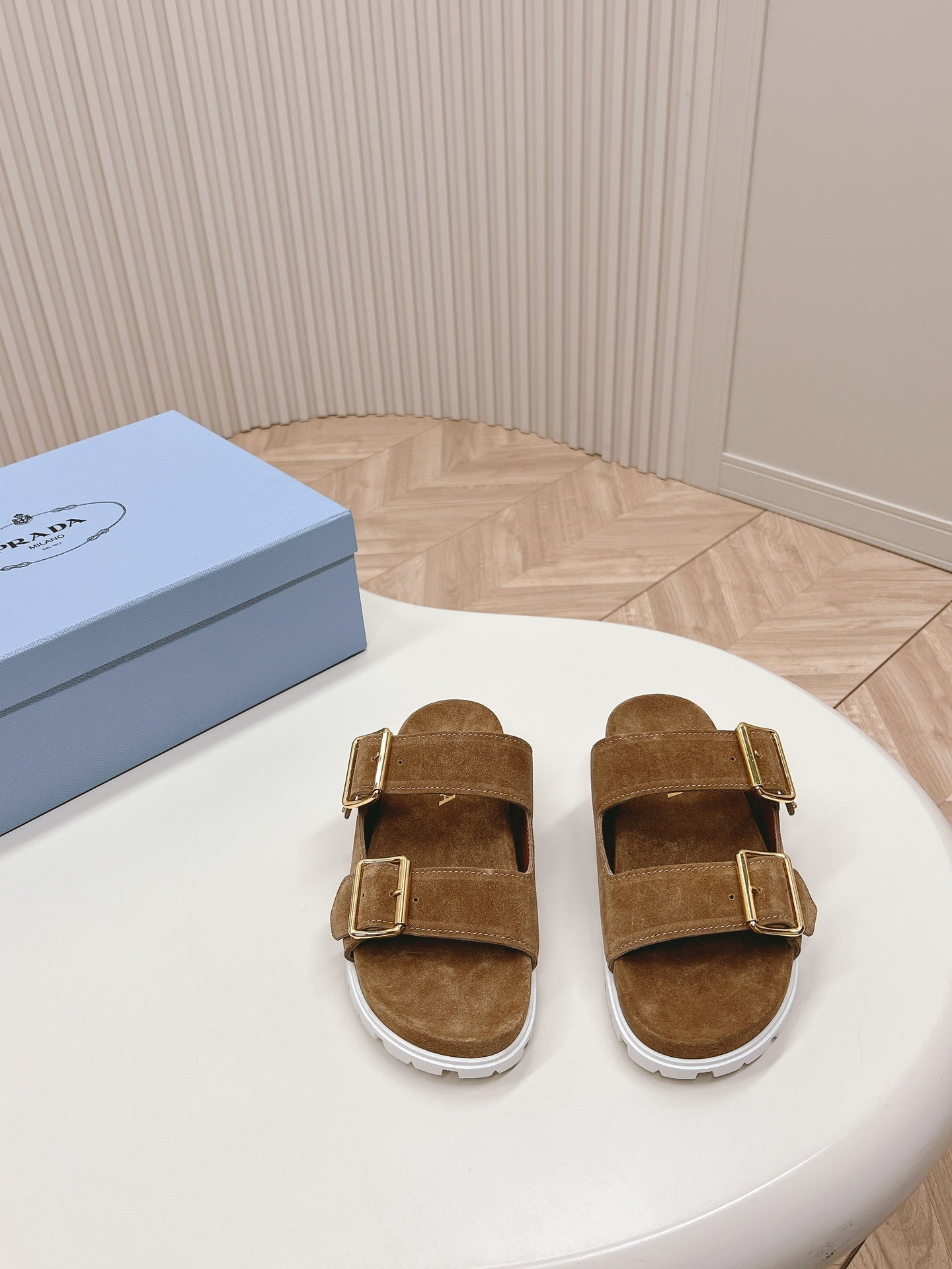 PRADA Double Buckle Strap Slides 20 Brown Suede