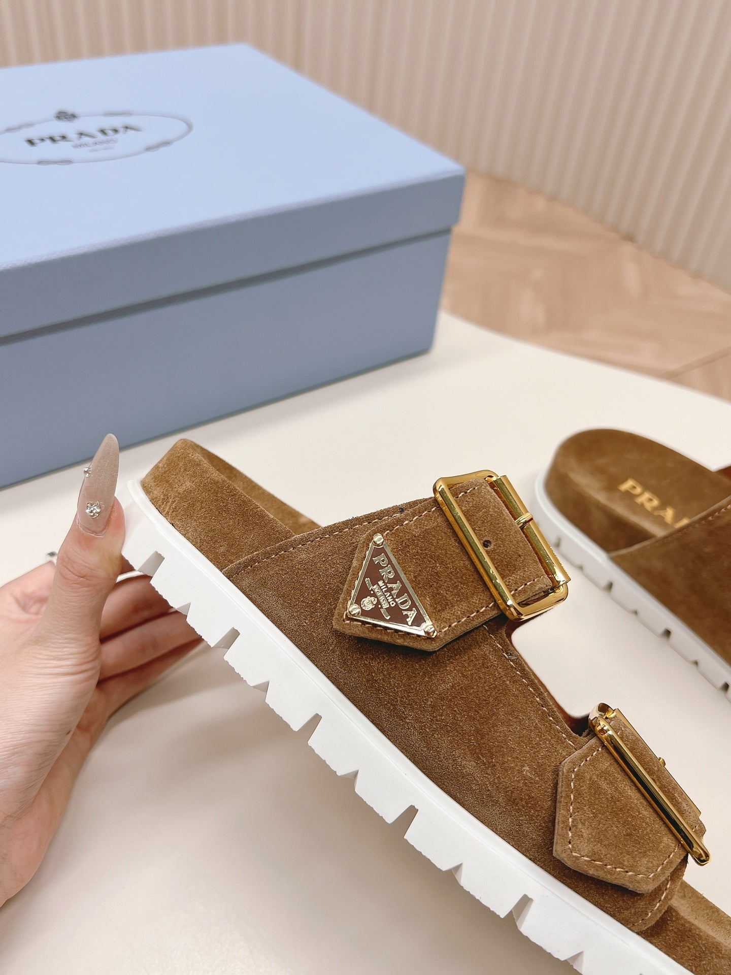 PRADA Double Buckle Strap Slides 20 Brown Suede