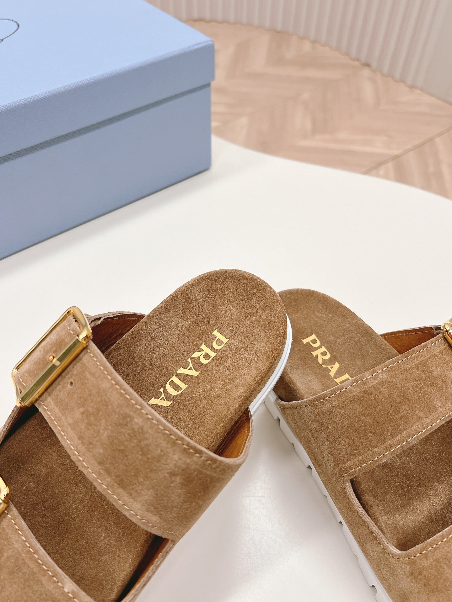 PRADA Double Buckle Strap Slides 20 Brown Suede
