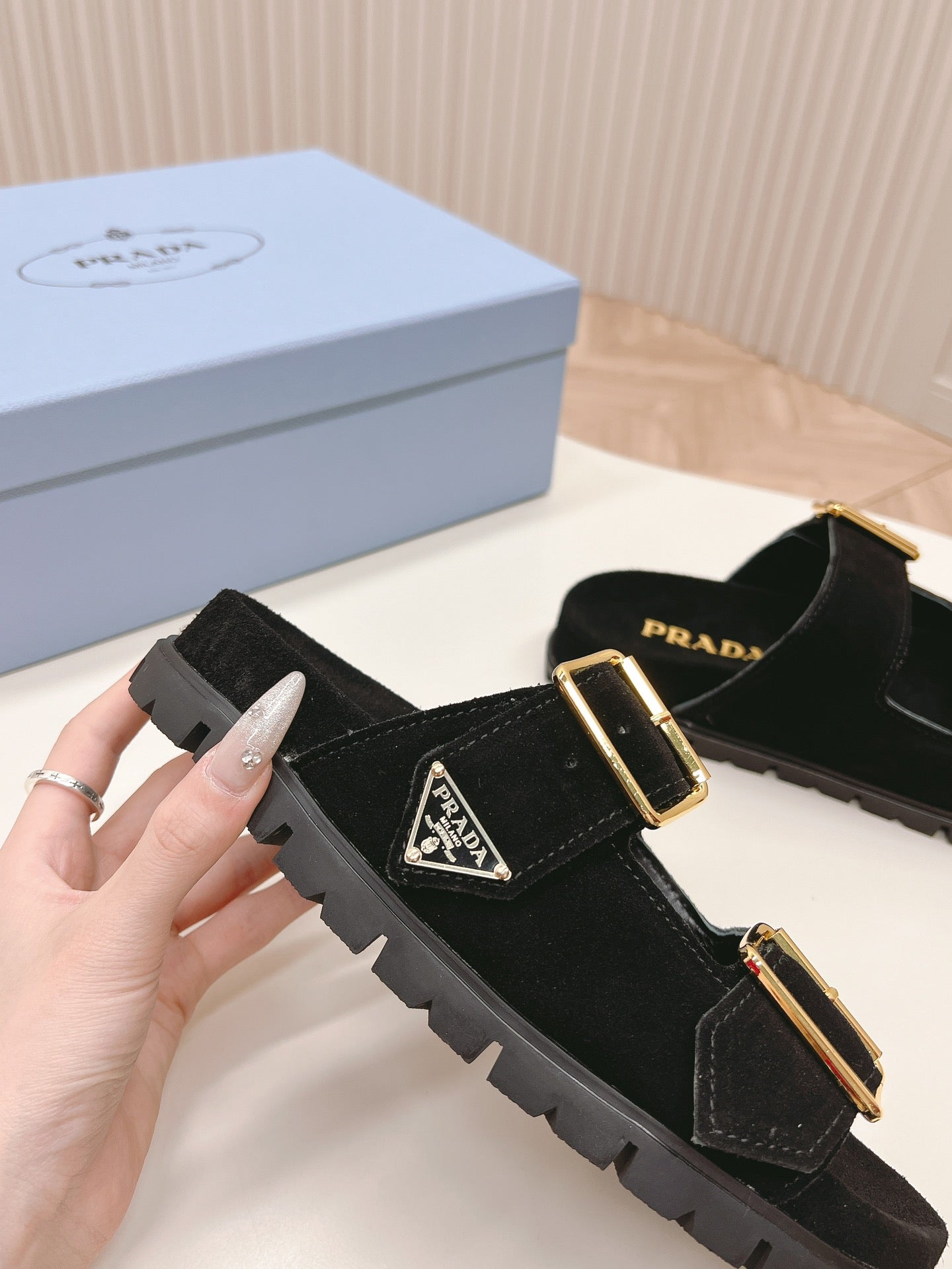PRADA Double Buckle Strap Slides 20 Black Suede