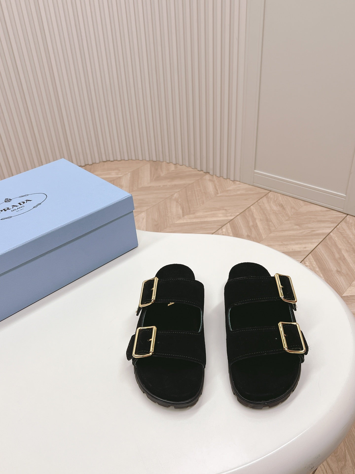 PRADA Double Buckle Strap Slides 20 Black Suede
