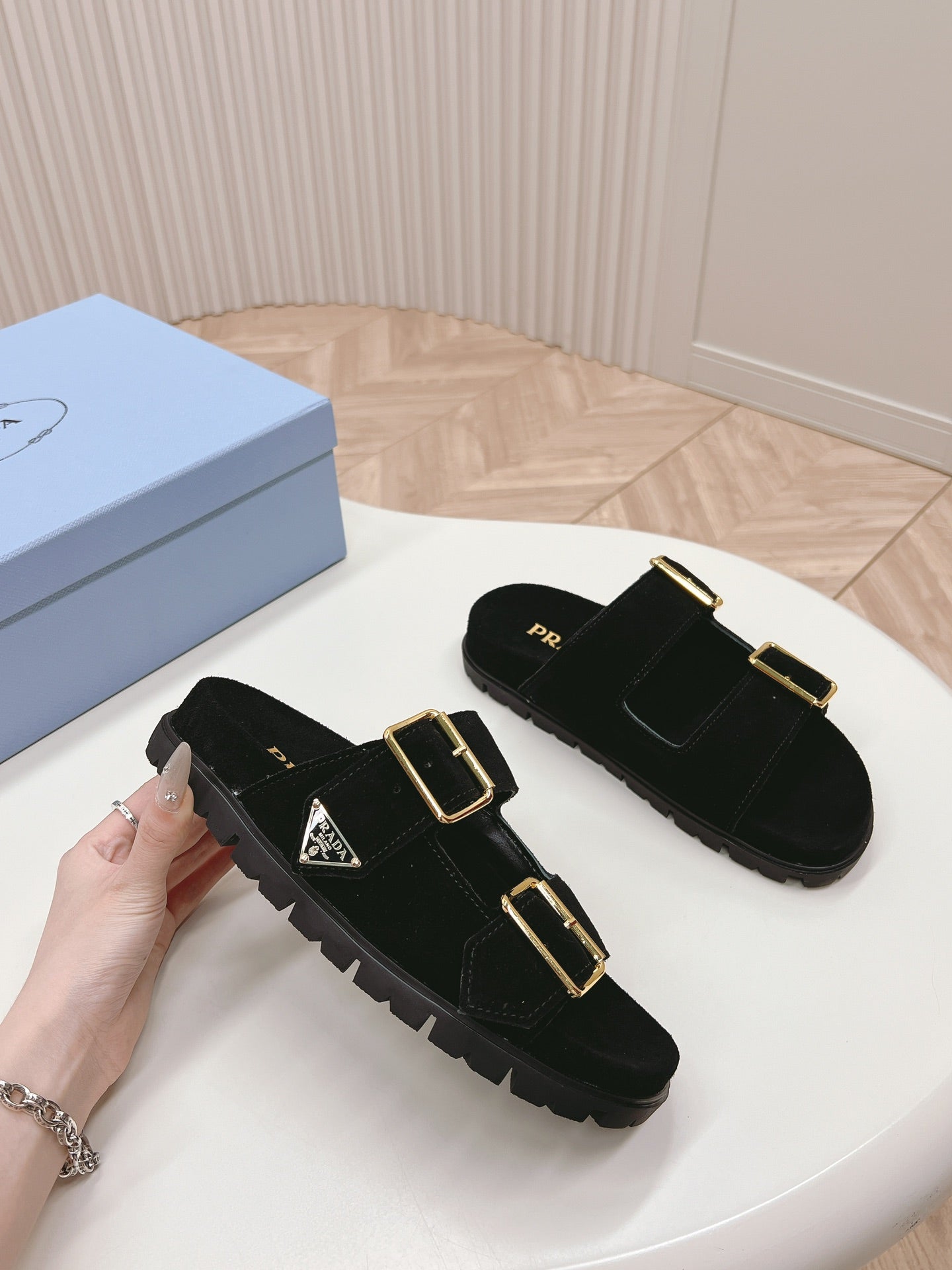 PRADA Double Buckle Strap Slides 20 Black Suede