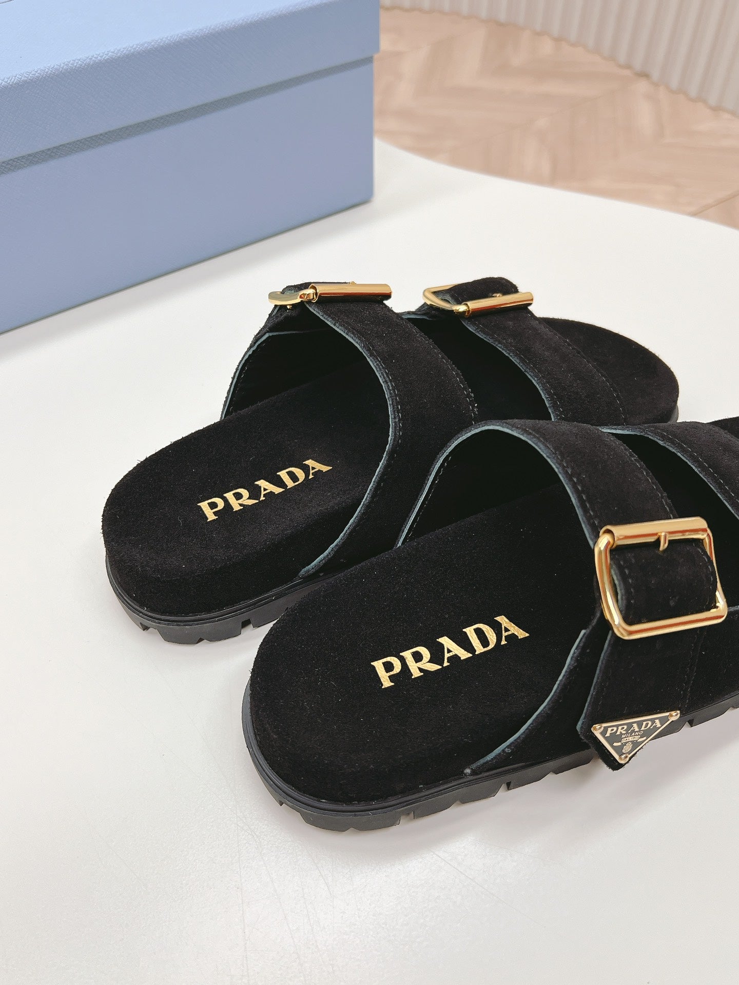 PRADA Double Buckle Strap Slides 20 Black Suede