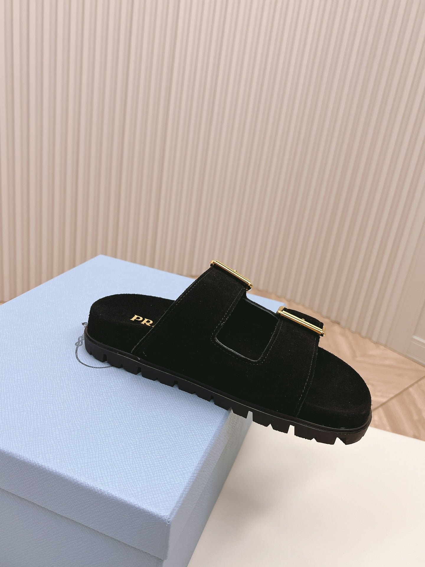 PRADA Double Buckle Strap Slides 20 Black Suede