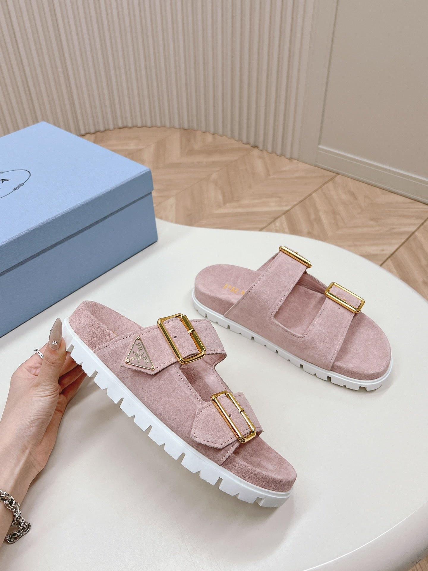 PRADA Double Buckle Strap Slides 20 Pink Suede