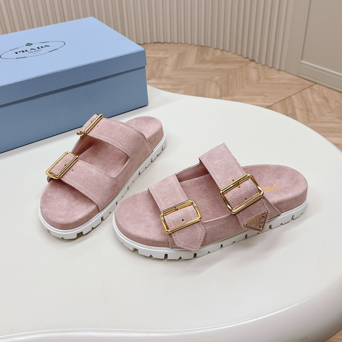 PRADA Double Buckle Strap Slides 20 Pink Suede