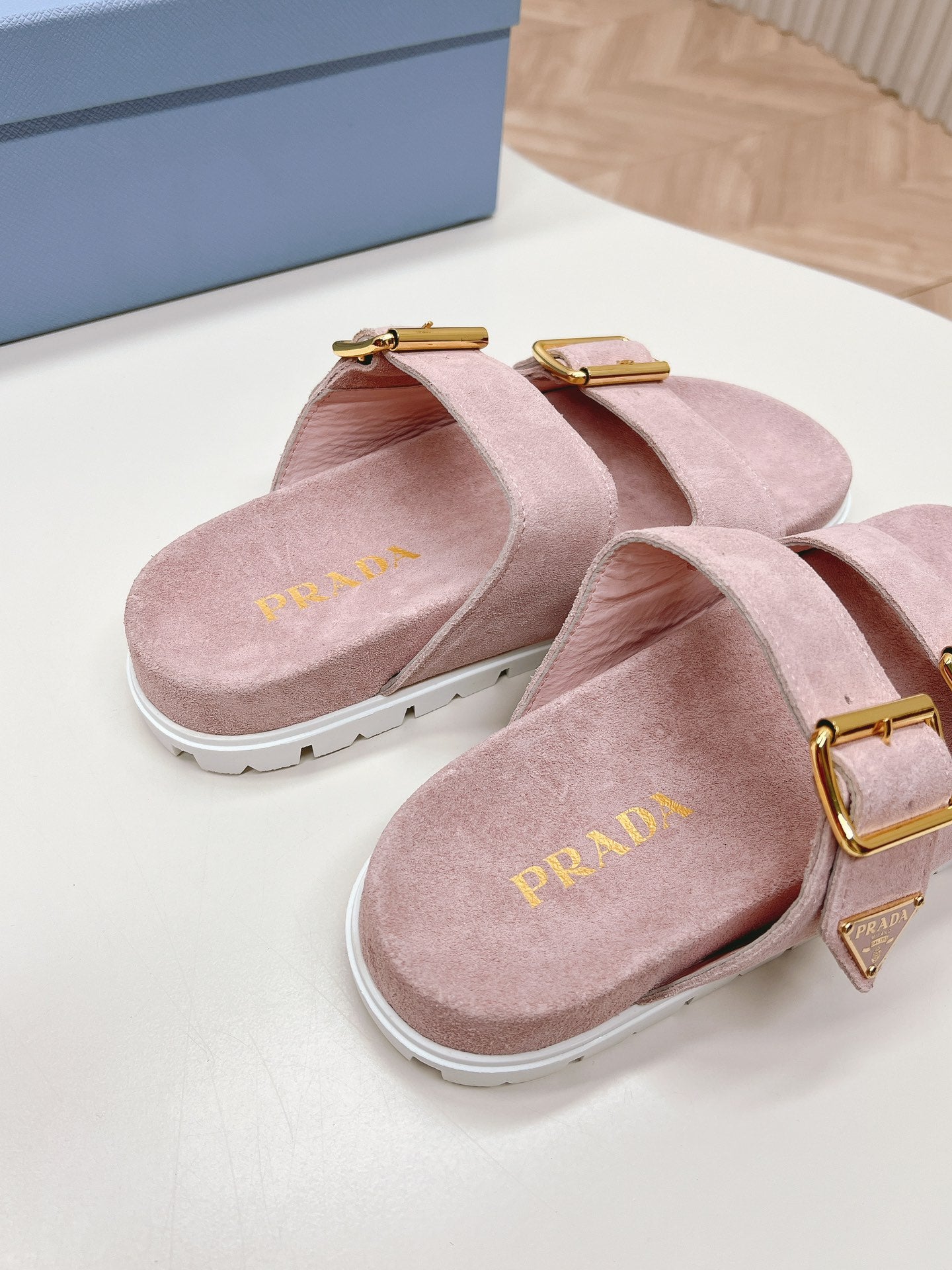 PRADA Double Buckle Strap Slides 20 Pink Suede
