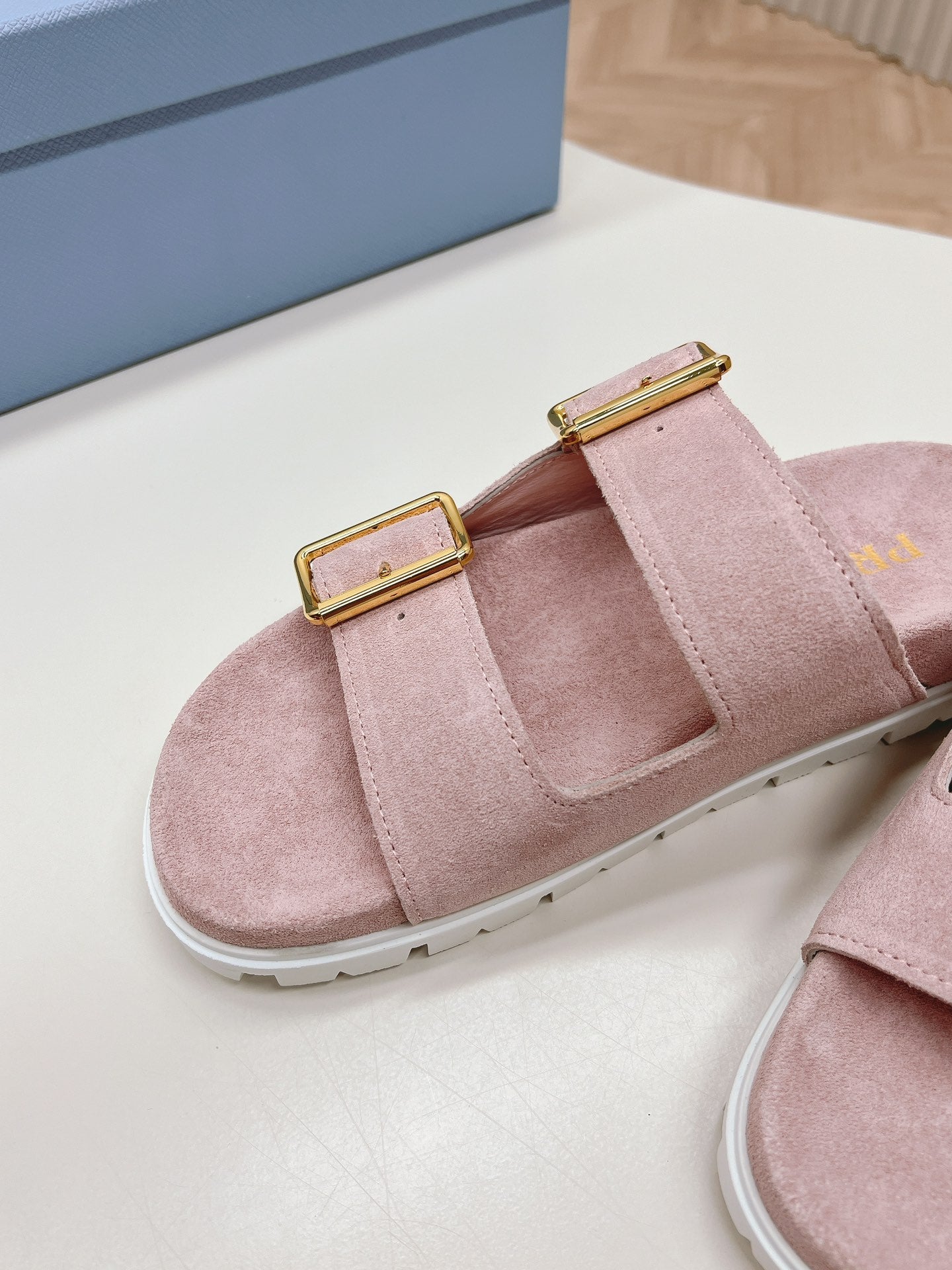 PRADA Double Buckle Strap Slides 20 Pink Suede
