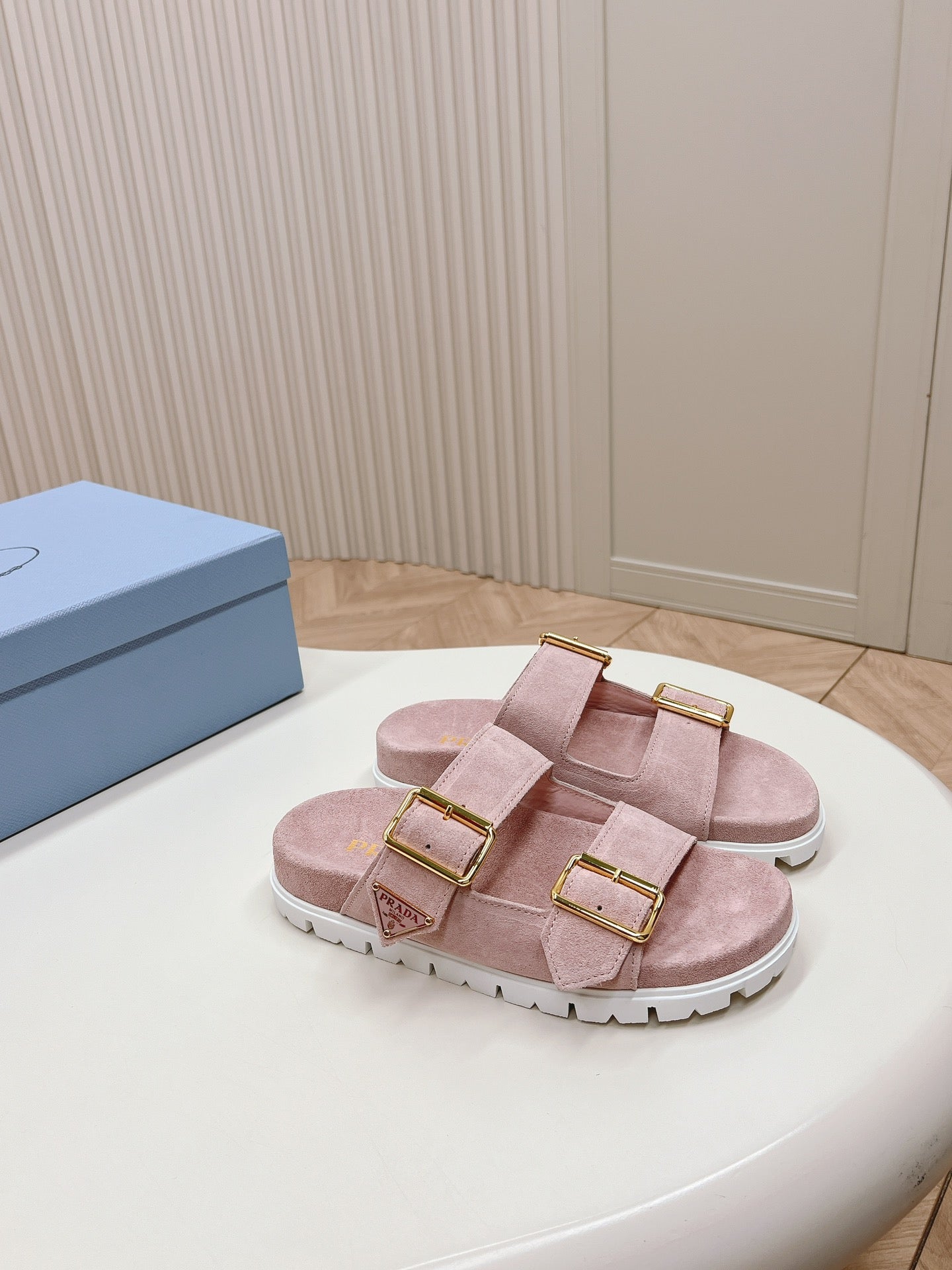 PRADA Double Buckle Strap Slides 20 Pink Suede