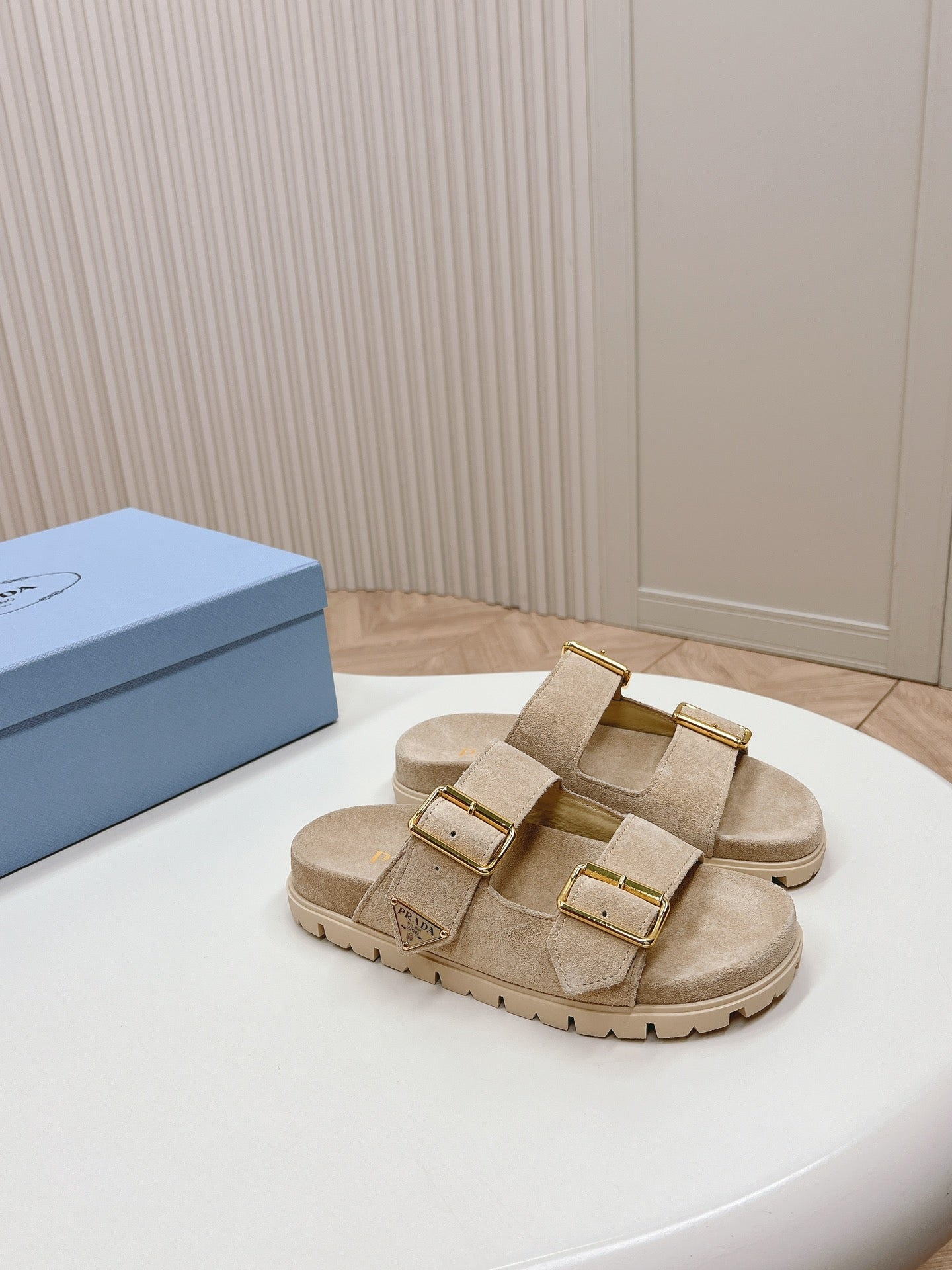 PRADA Double Buckle Strap Slides 20 Light Brown Suede