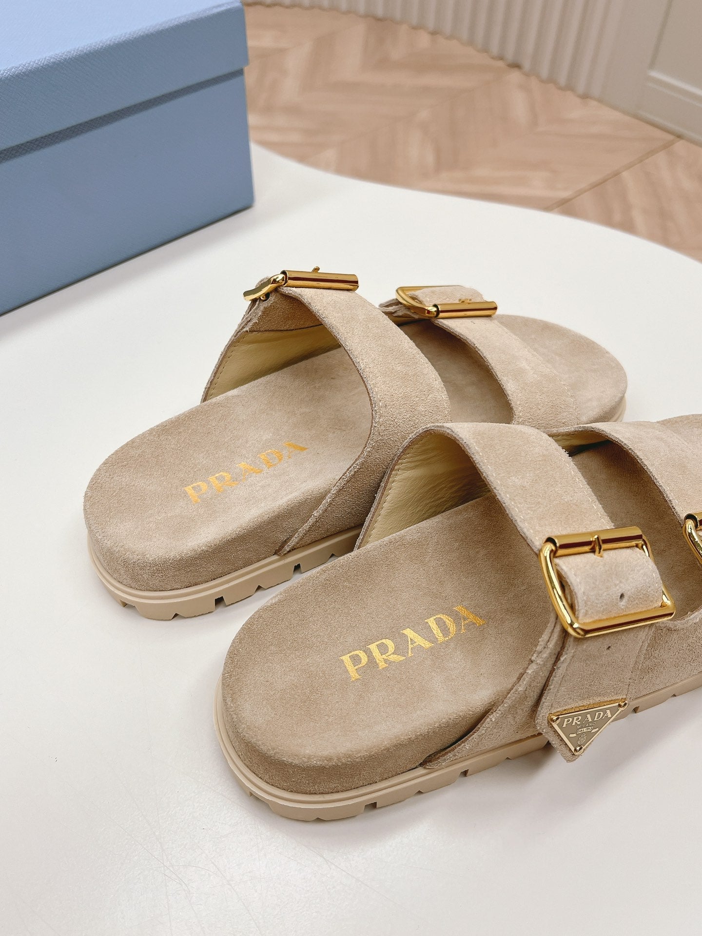 PRADA Double Buckle Strap Slides 20 Light Brown Suede