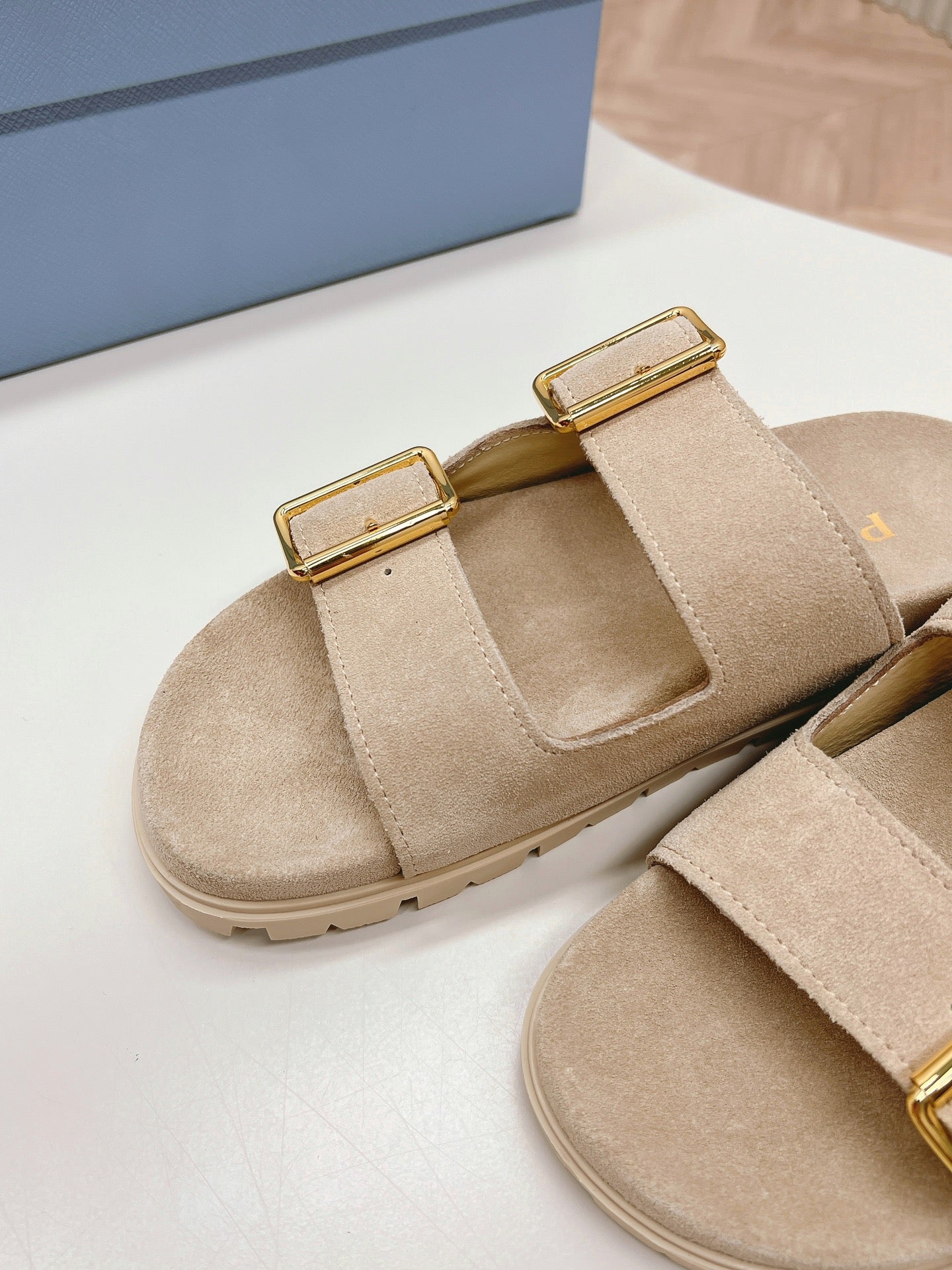 PRADA Double Buckle Strap Slides 20 Light Brown Suede