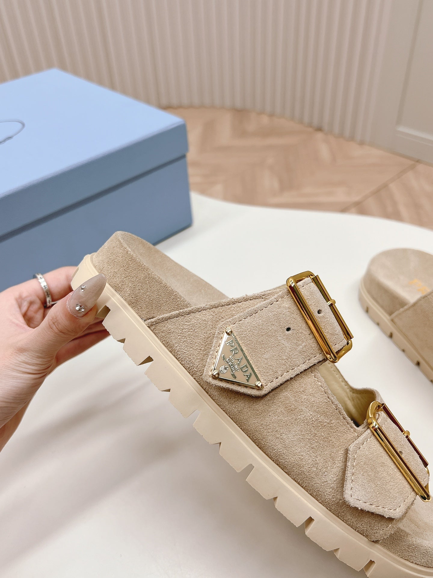 PRADA Double Buckle Strap Slides 20 Light Brown Suede
