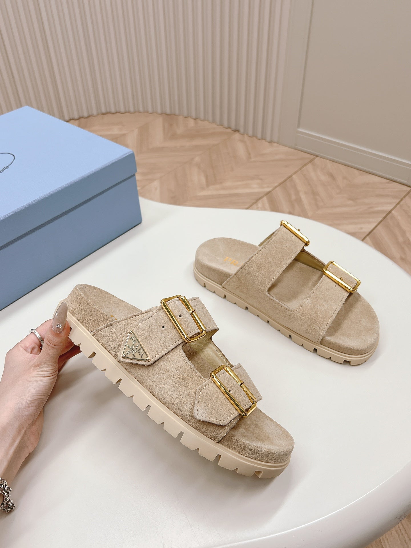 PRADA Double Buckle Strap Slides 20 Light Brown Suede