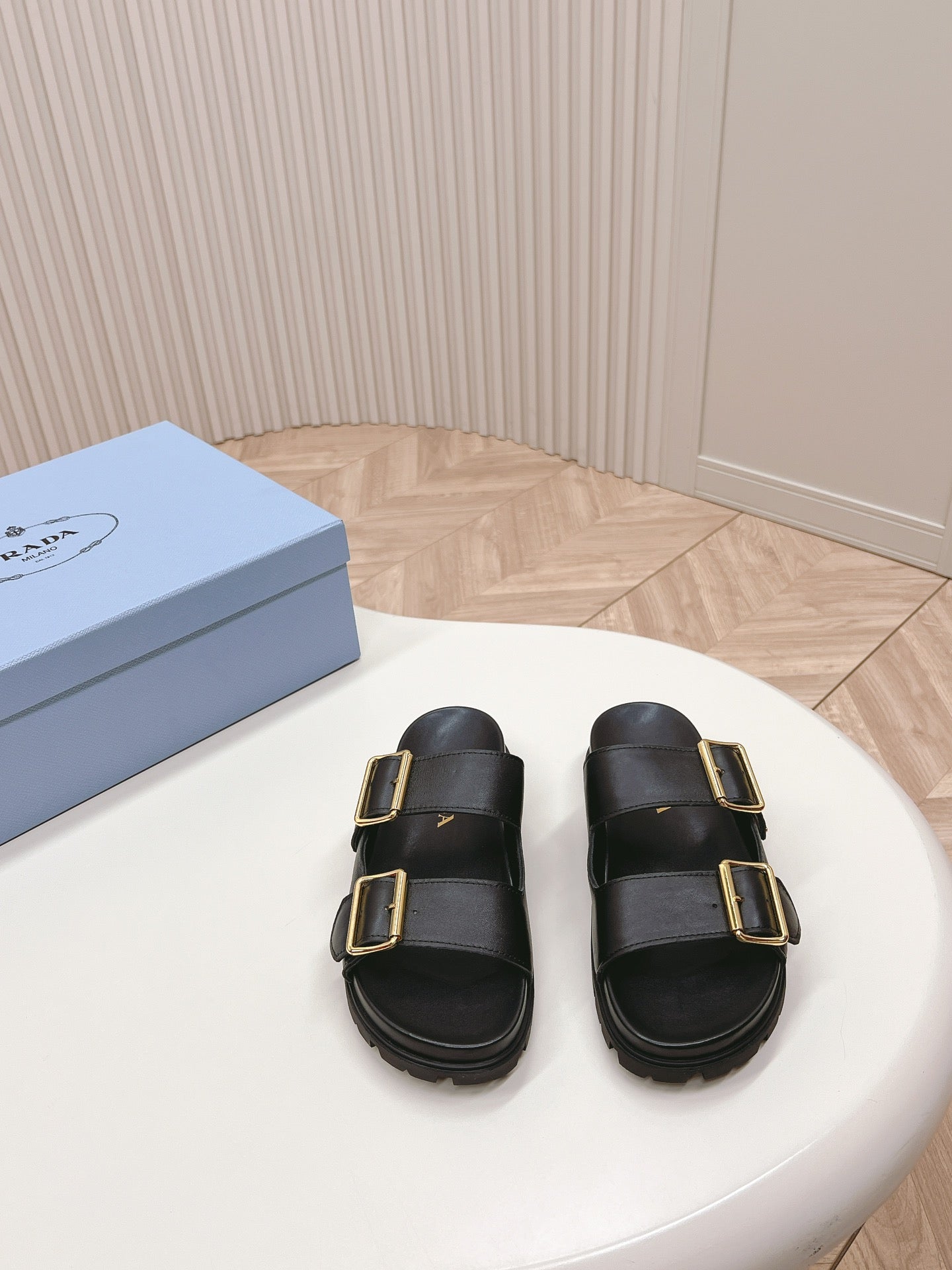 PRADA Double Buckle Strap Slides 20 Black Calfskin