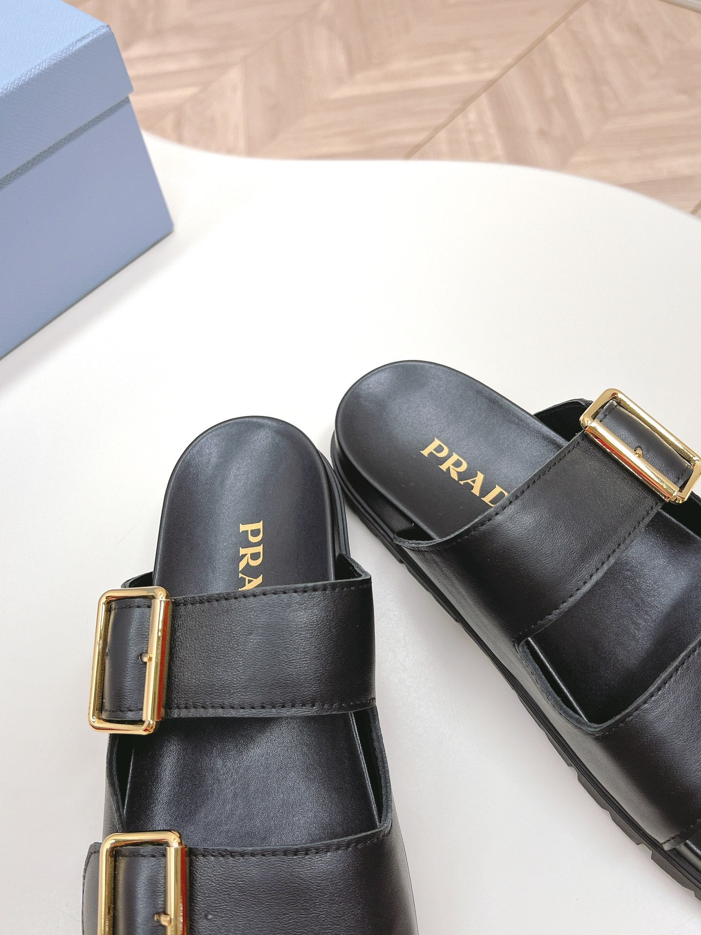 PRADA Double Buckle Strap Slides 20 Black Calfskin