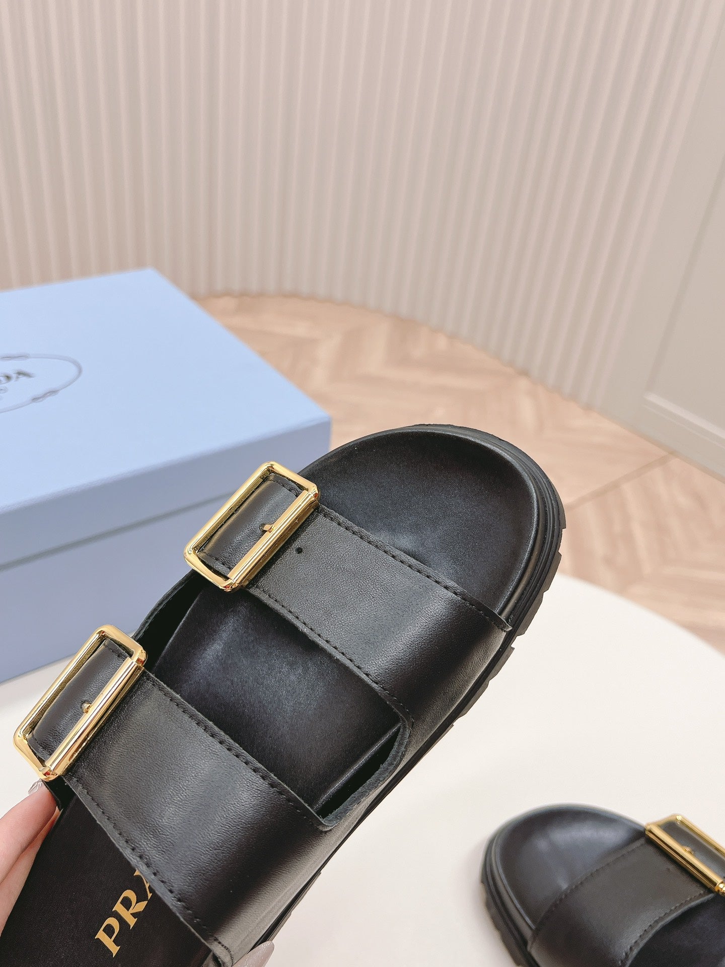 PRADA Double Buckle Strap Slides 20 Black Calfskin
