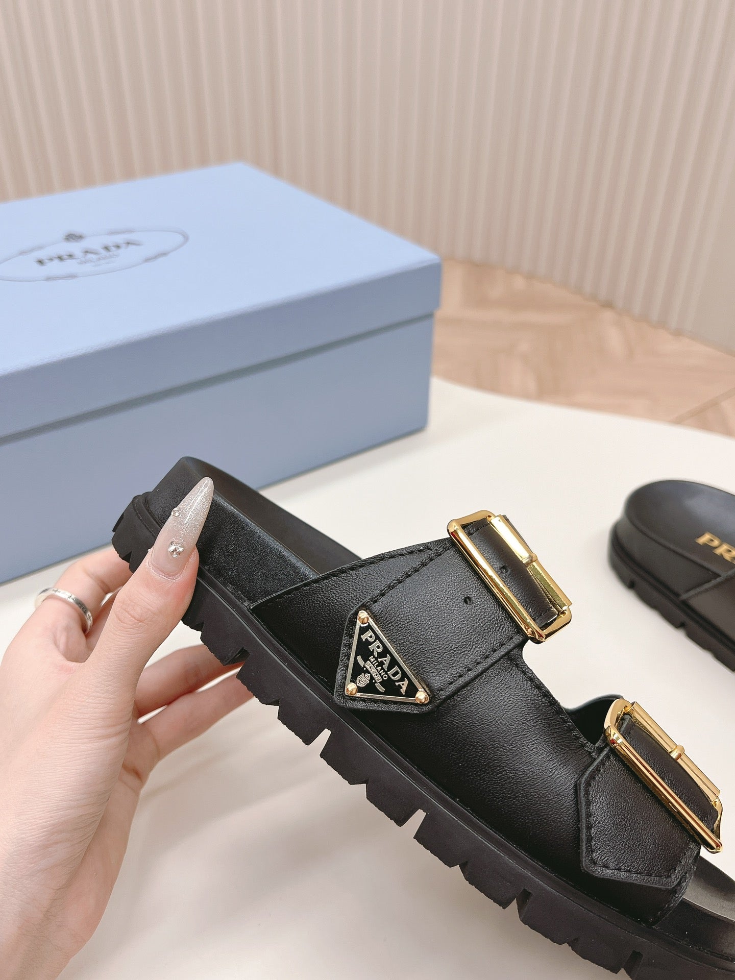 PRADA Double Buckle Strap Slides 20 Black Calfskin