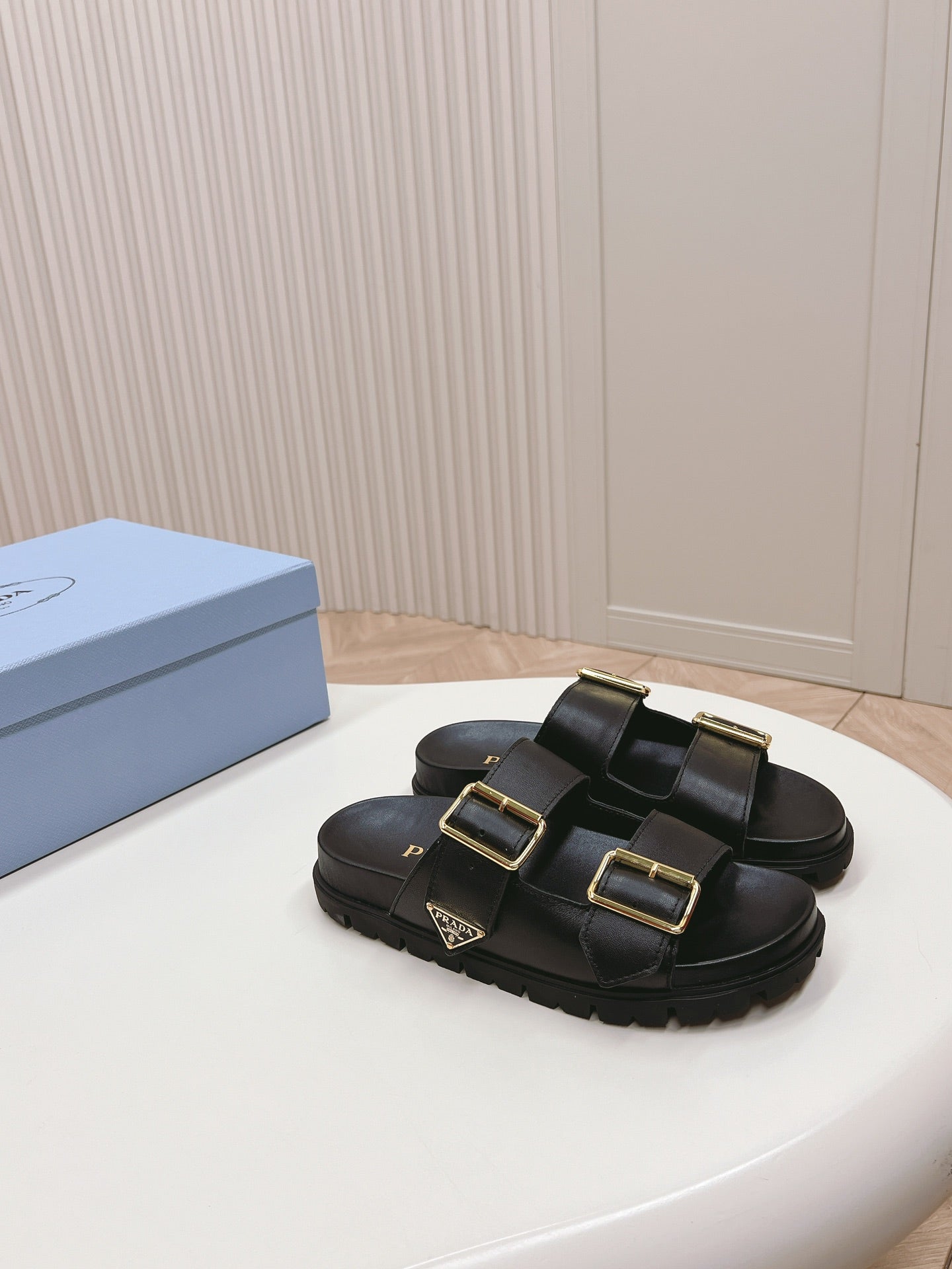 PRADA Double Buckle Strap Slides 20 Black Calfskin