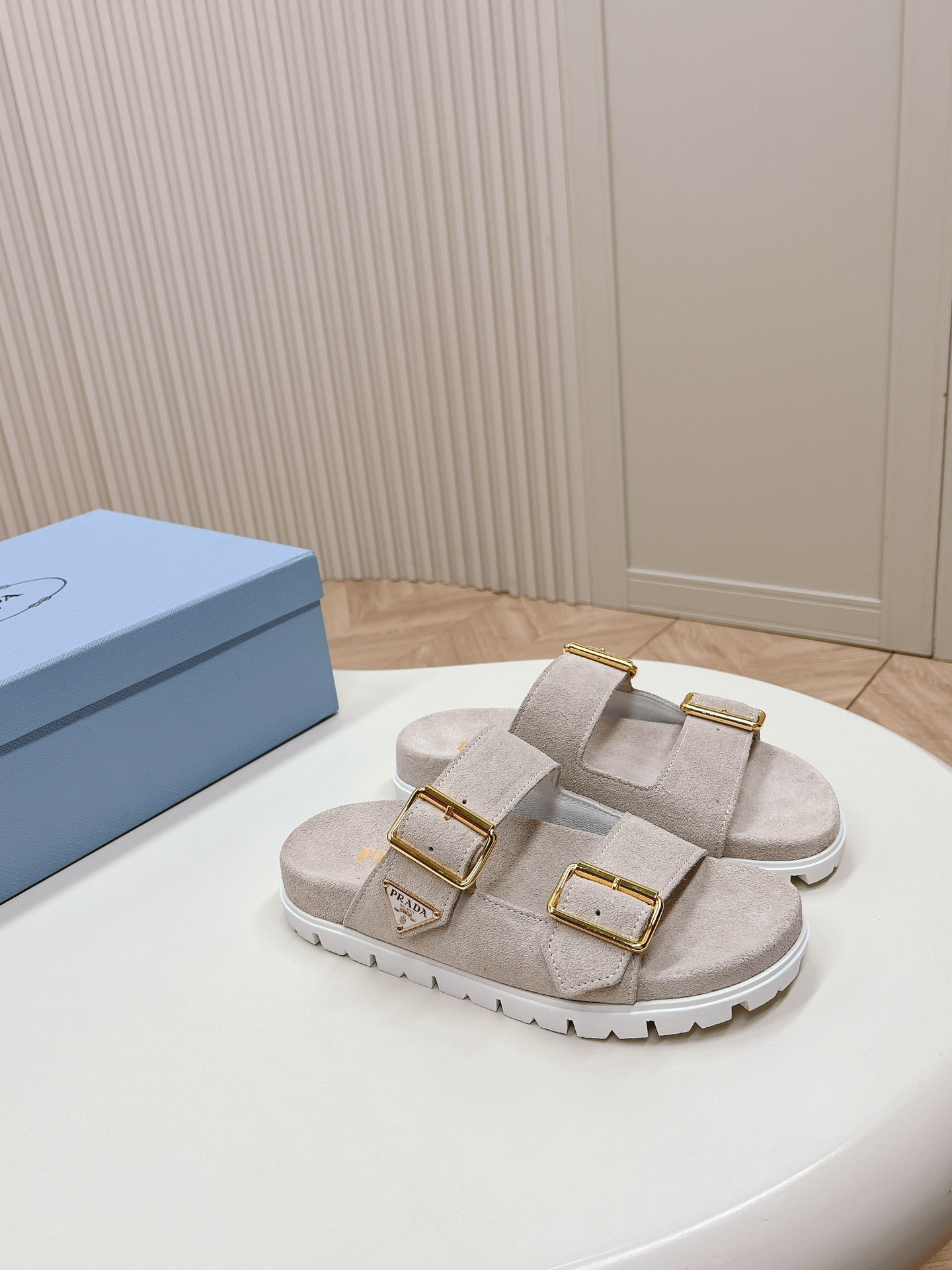 PRADA Double Buckle Strap Slides 20 Light Grey Suede