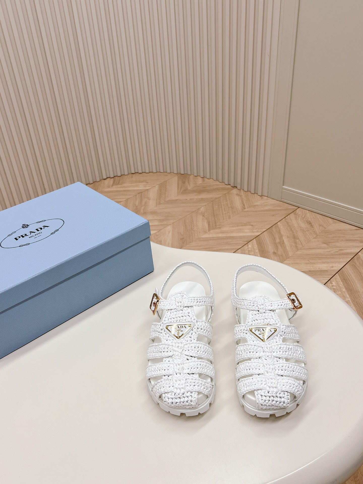 PRADA Monolith Crochet Cage Sandals 30 White