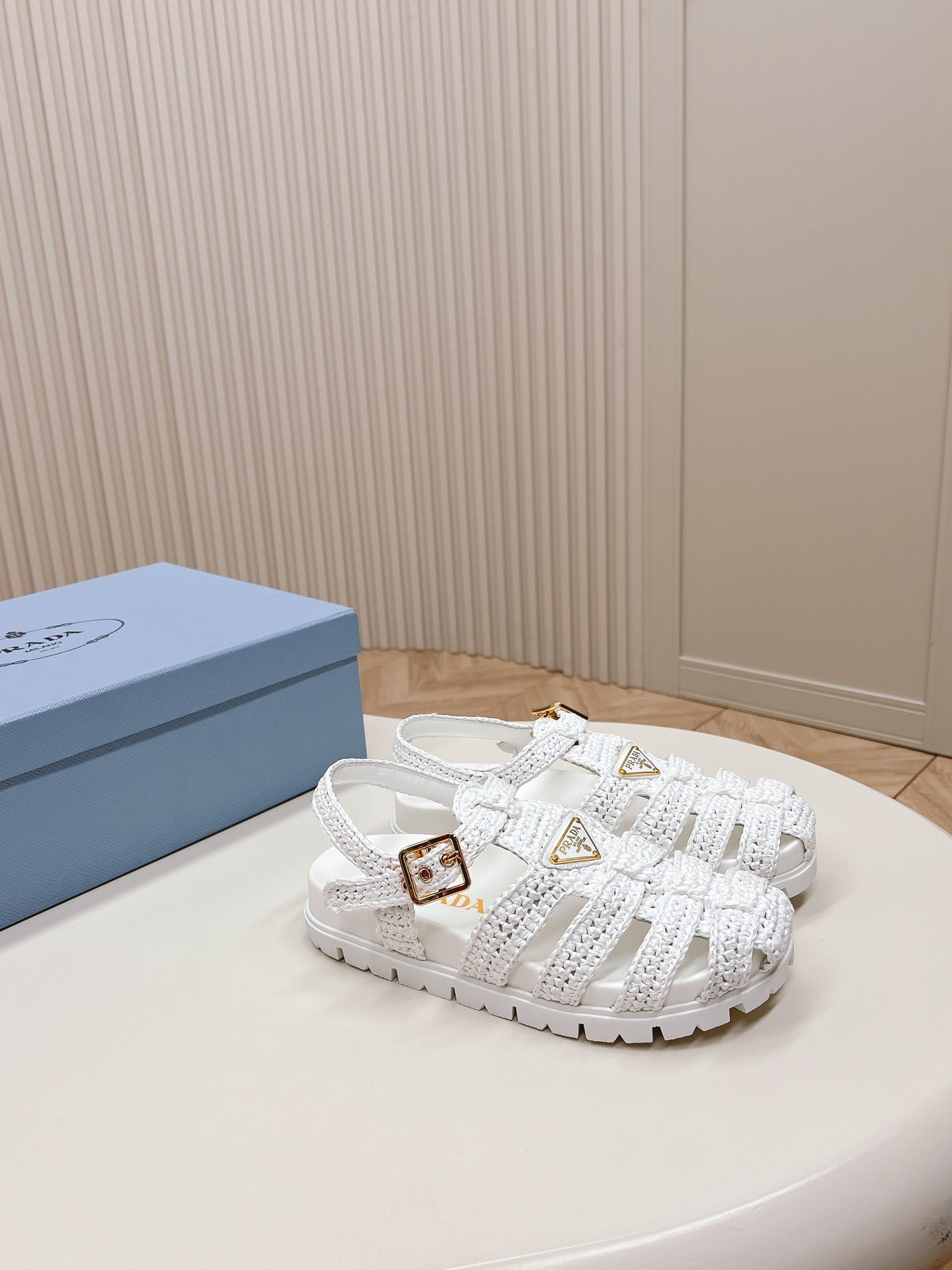 PRADA Monolith Crochet Cage Sandals 30 White