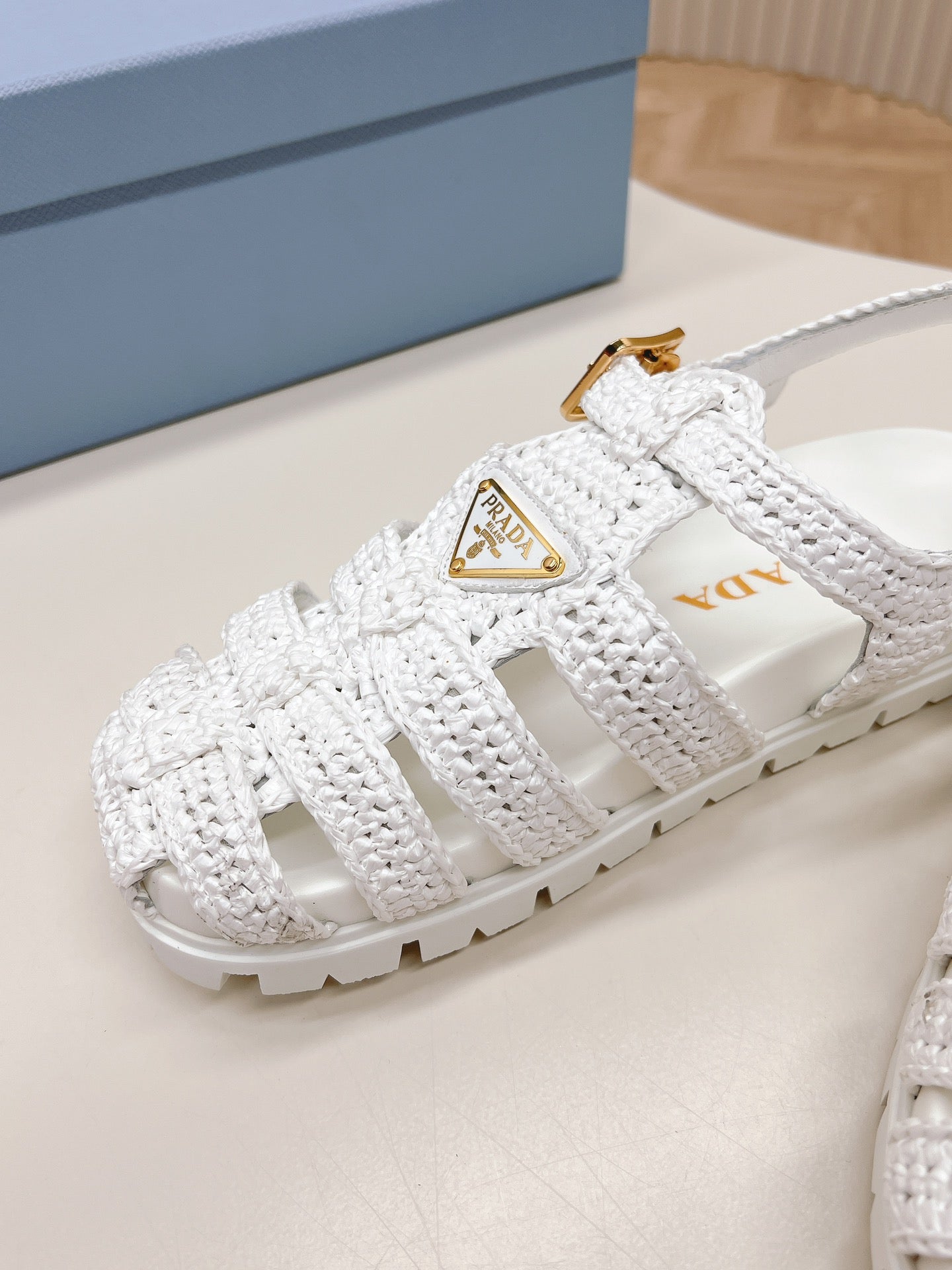 PRADA Monolith Crochet Cage Sandals 30 White