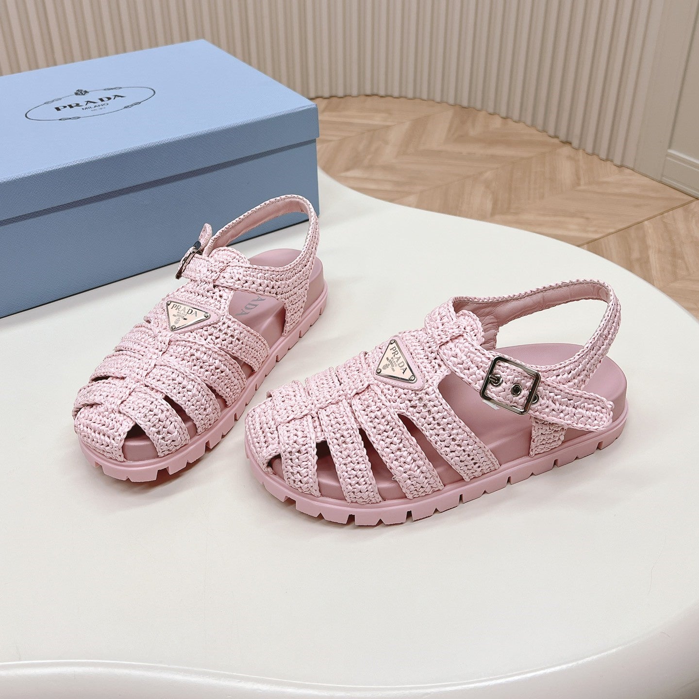PRADA Monolith Crochet Cage Sandals 30 Pink