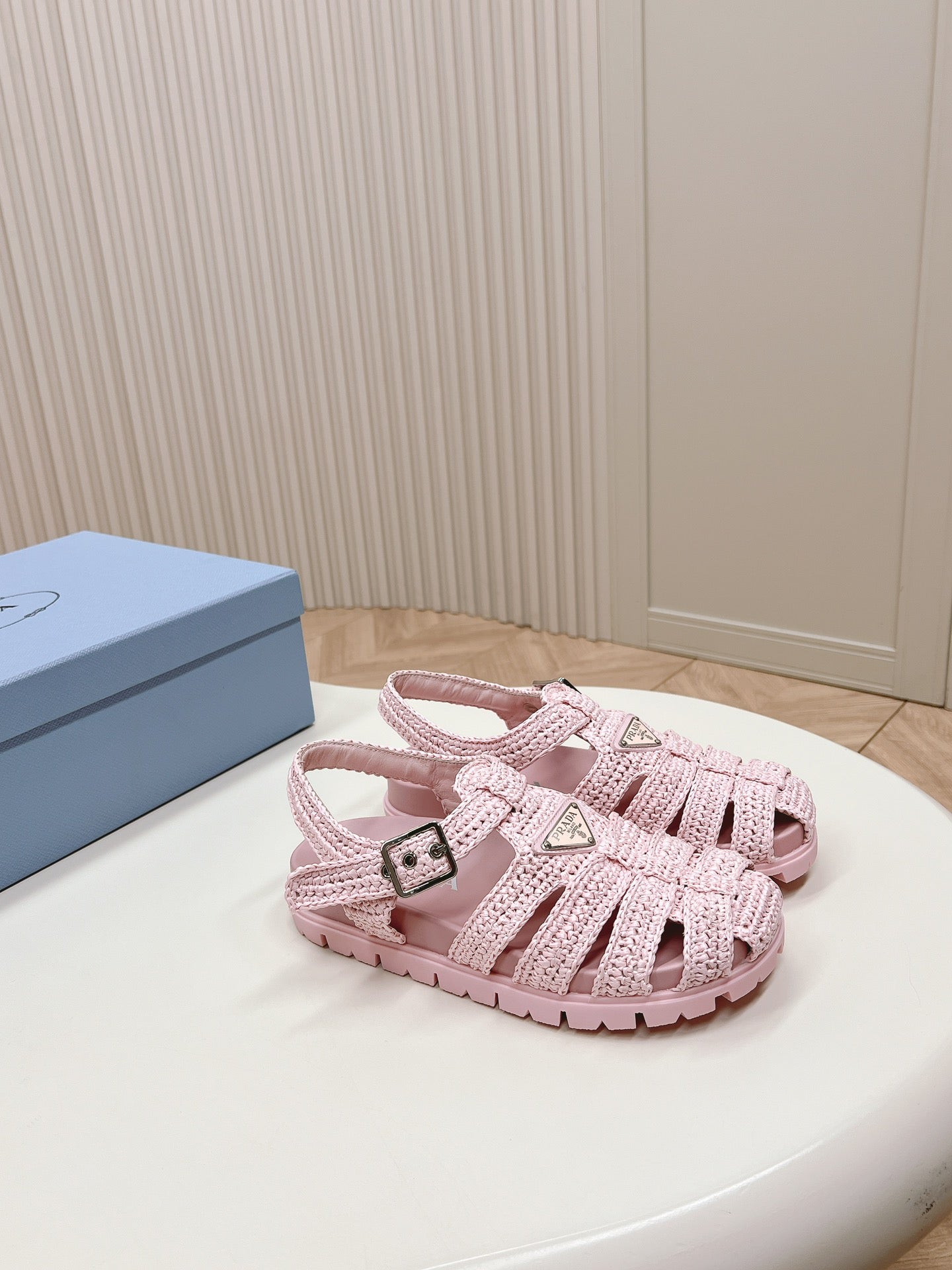 PRADA Monolith Crochet Cage Sandals 30 Pink