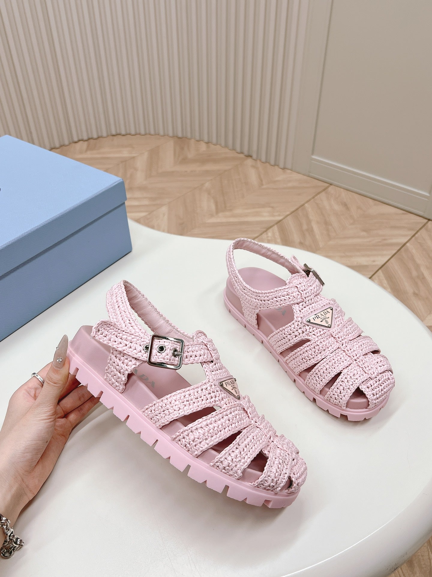 PRADA Monolith Crochet Cage Sandals 30 Pink