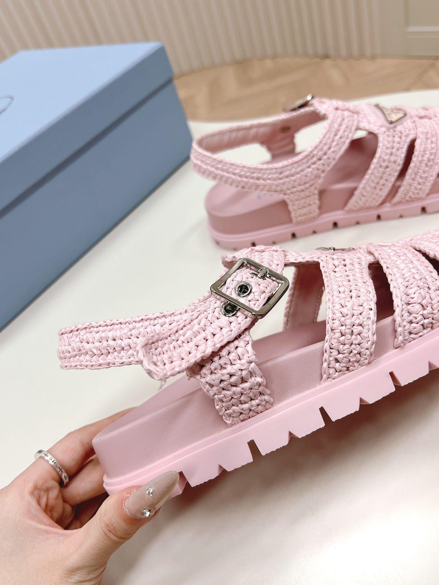 PRADA Monolith Crochet Cage Sandals 30 Pink