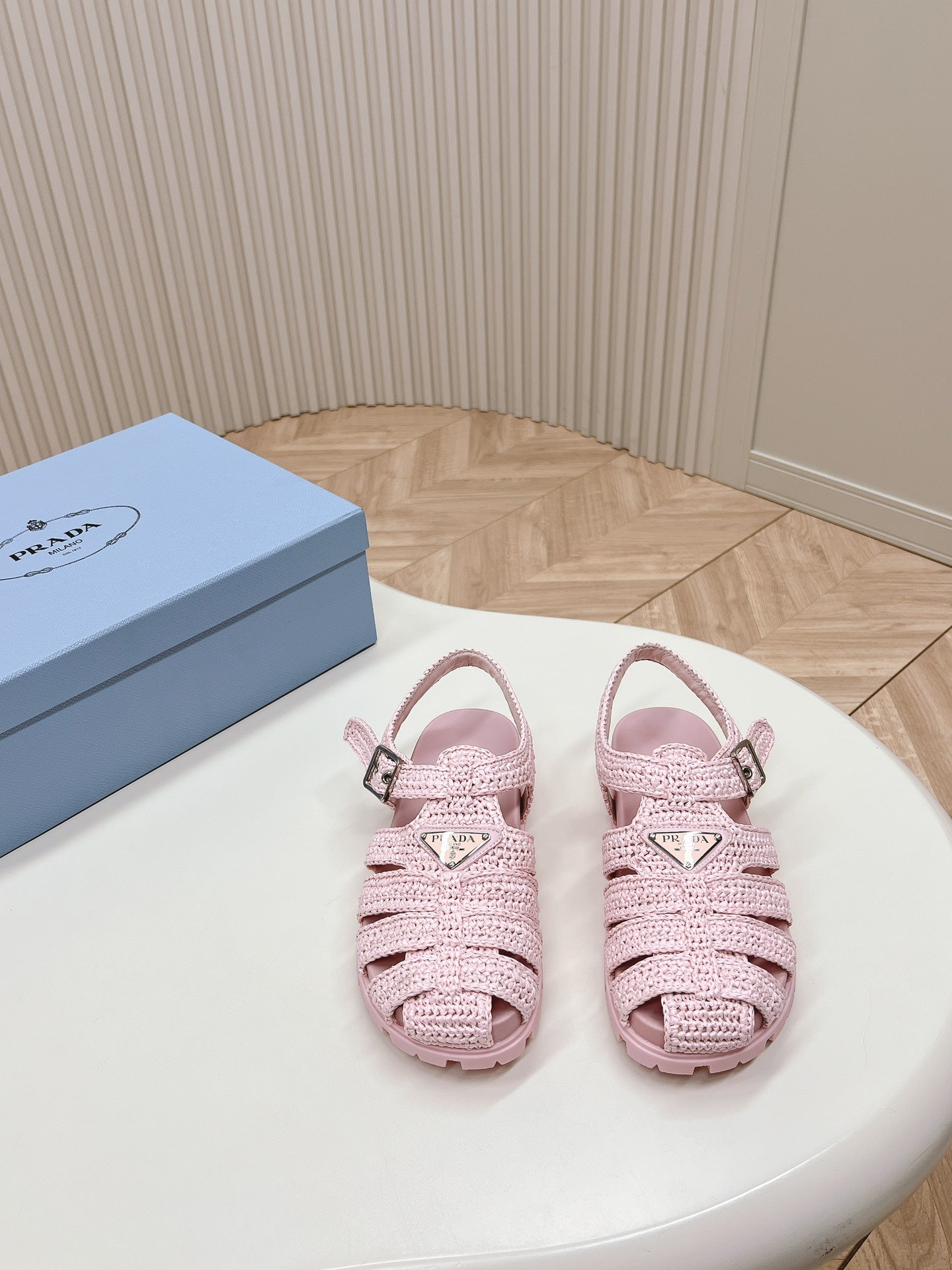 PRADA Monolith Crochet Cage Sandals 30 Pink