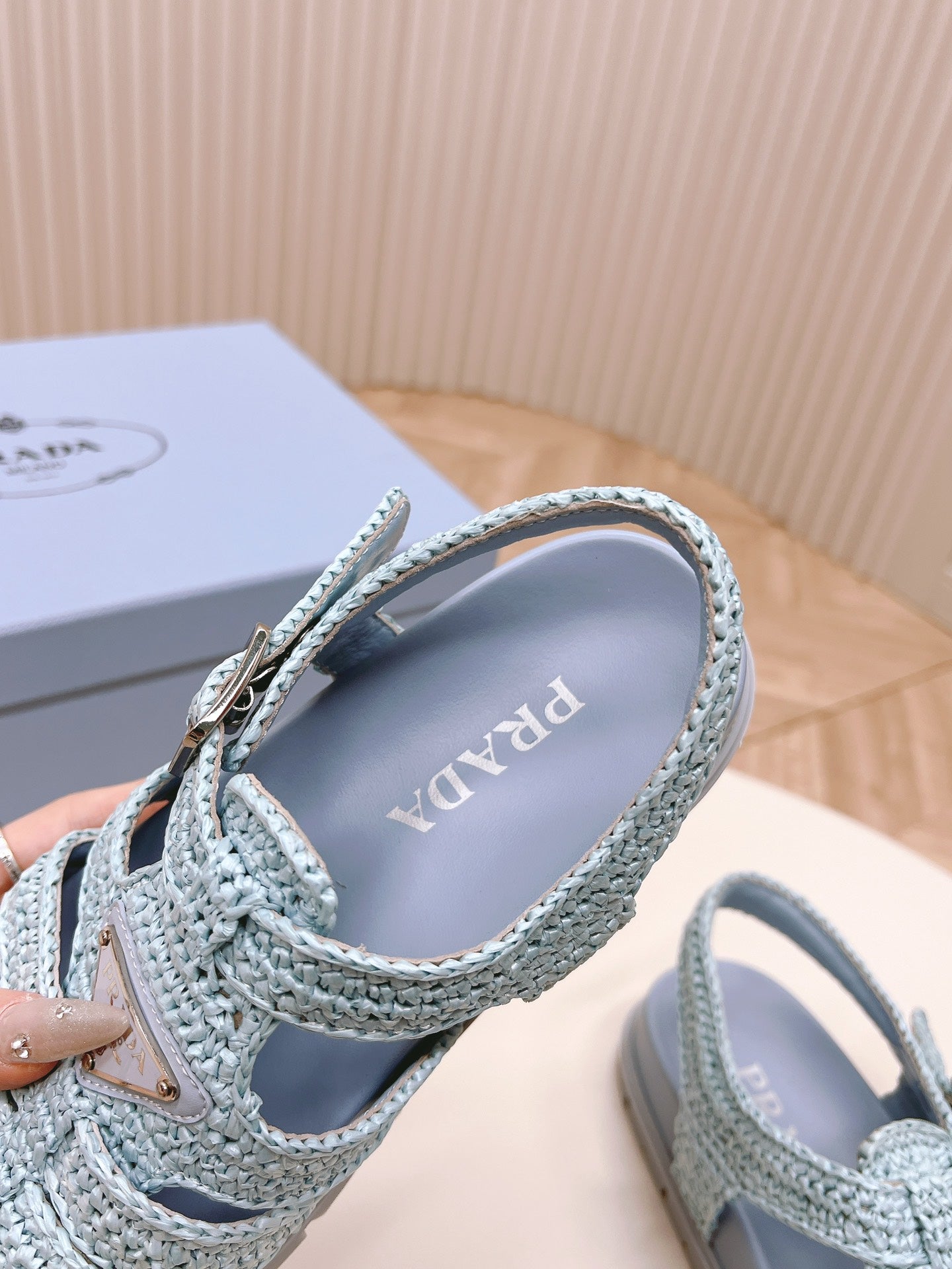 PRADA Monolith Crochet Cage Sandals 30 Baby Blue