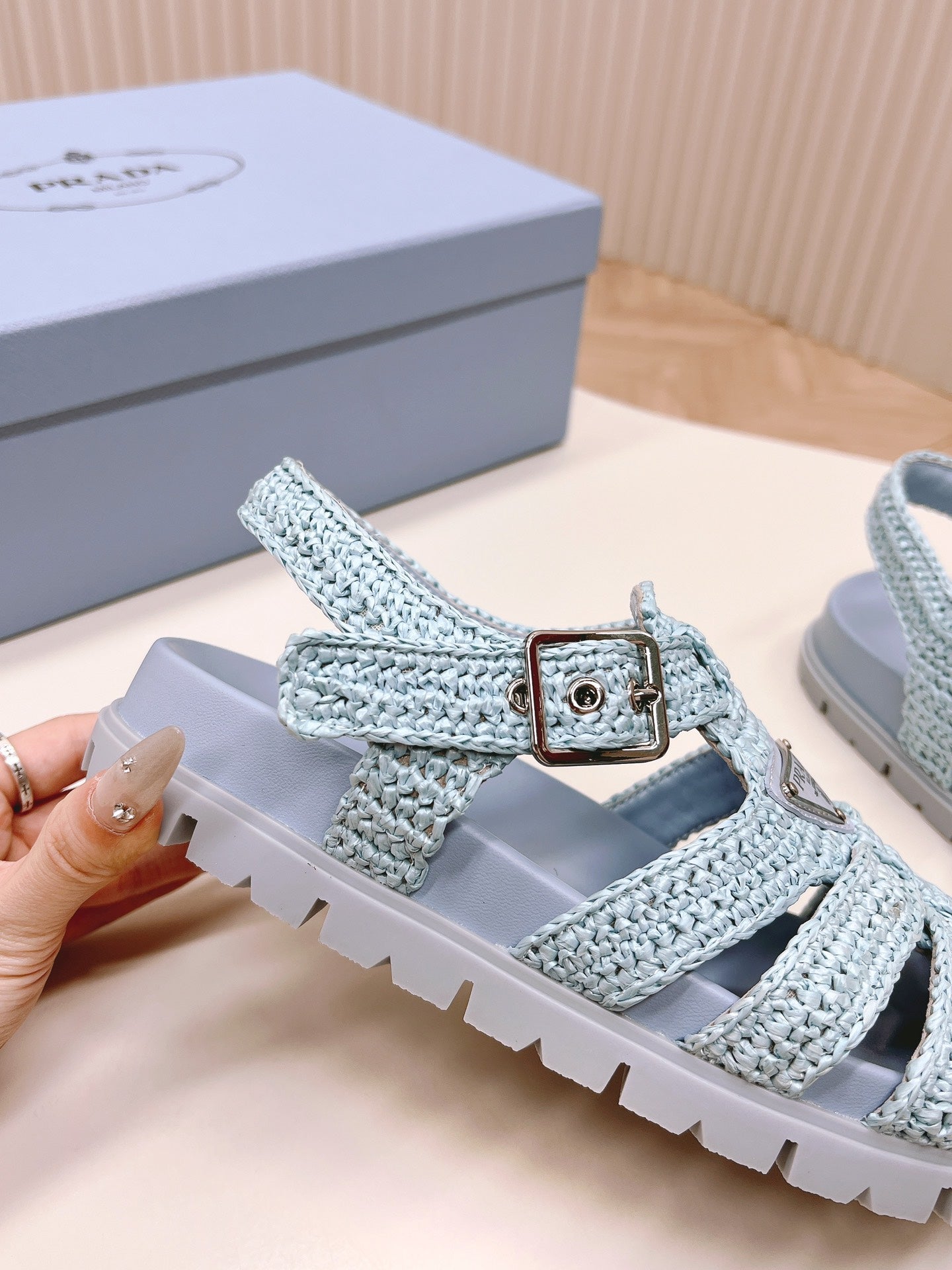 PRADA Monolith Crochet Cage Sandals 30 Baby Blue
