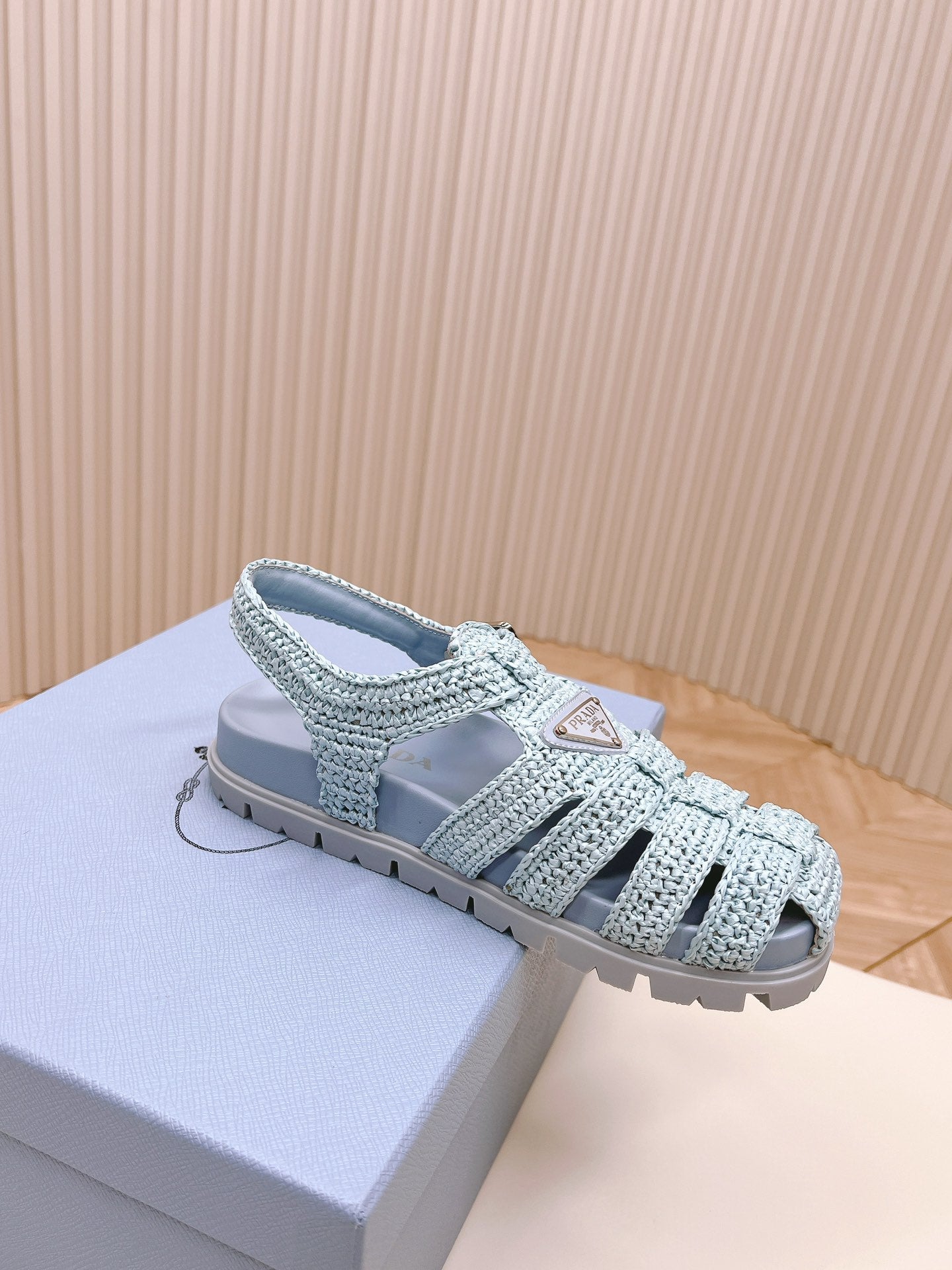 PRADA Monolith Crochet Cage Sandals 30 Baby Blue