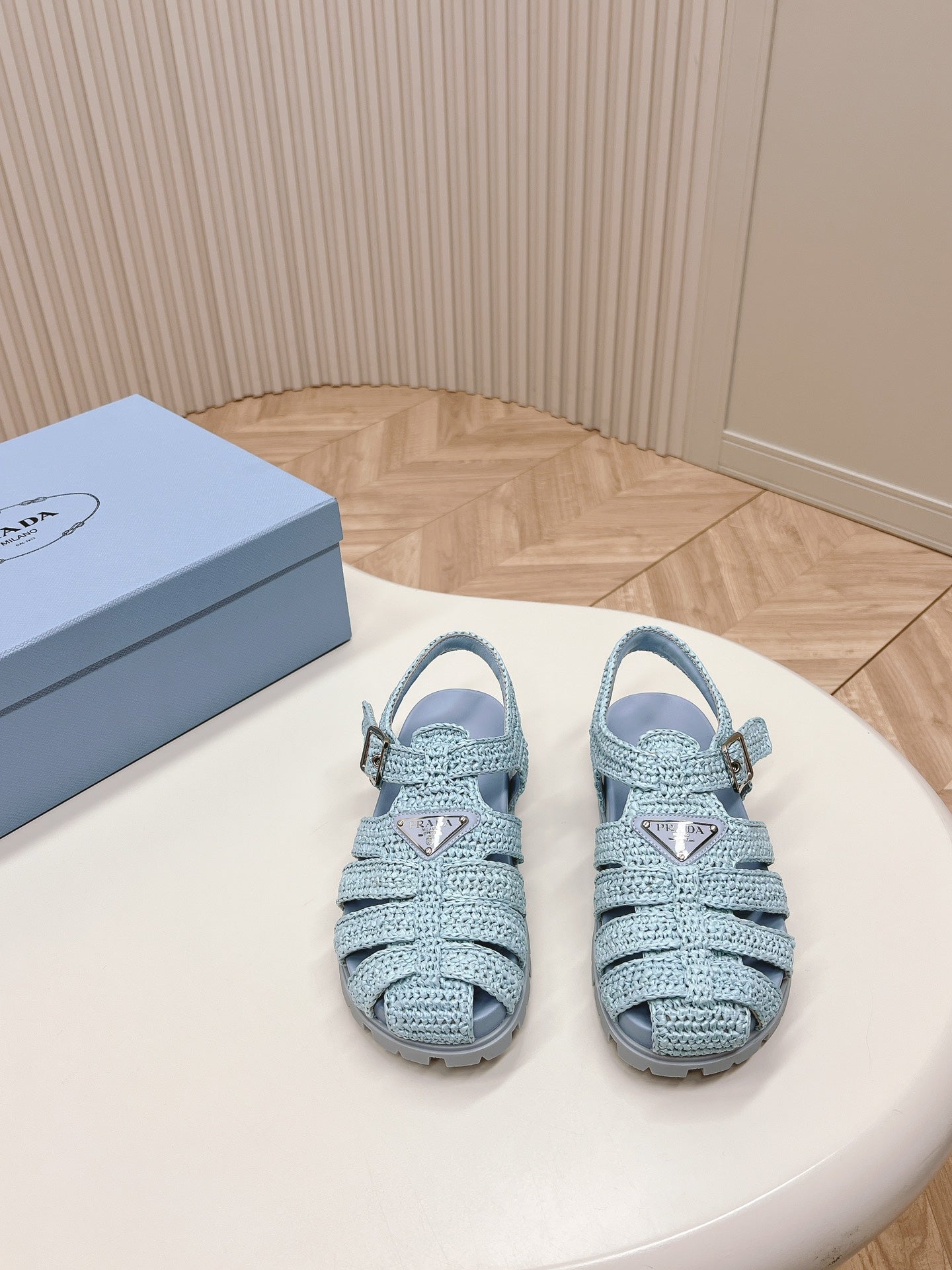 PRADA Monolith Crochet Cage Sandals 30 Baby Blue