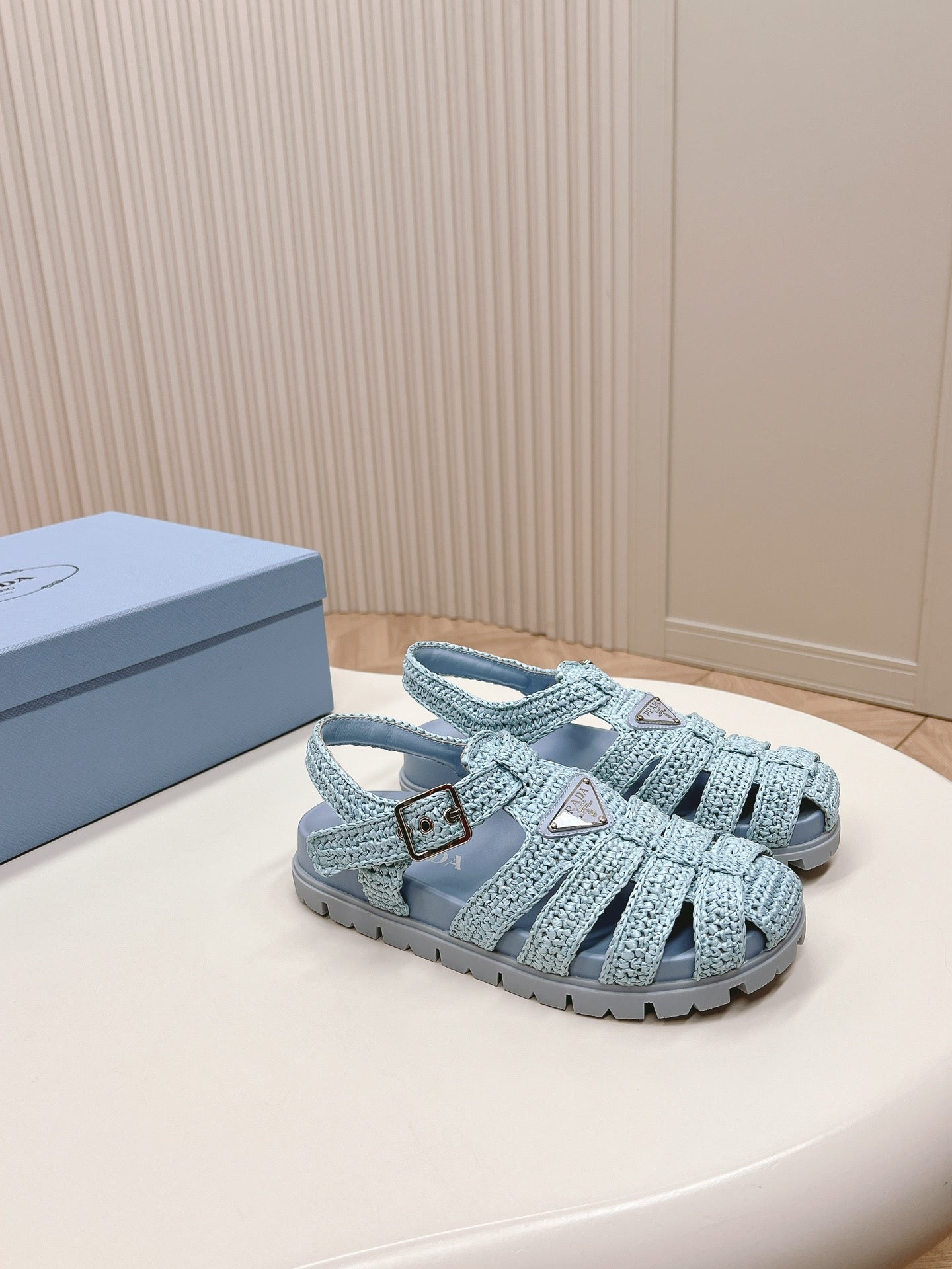 PRADA Monolith Crochet Cage Sandals 30 Baby Blue