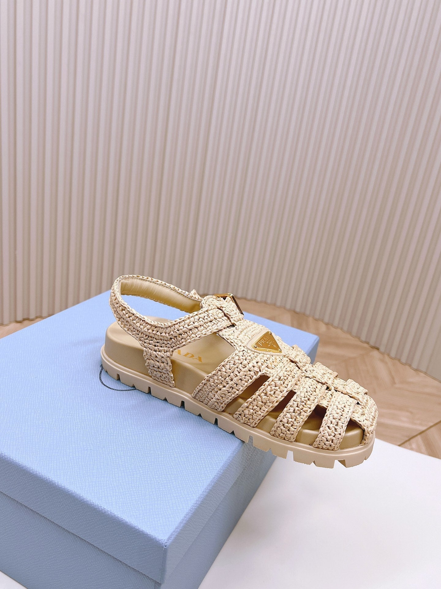 PRADA Monolith Crochet Cage Sandals 30 Beige