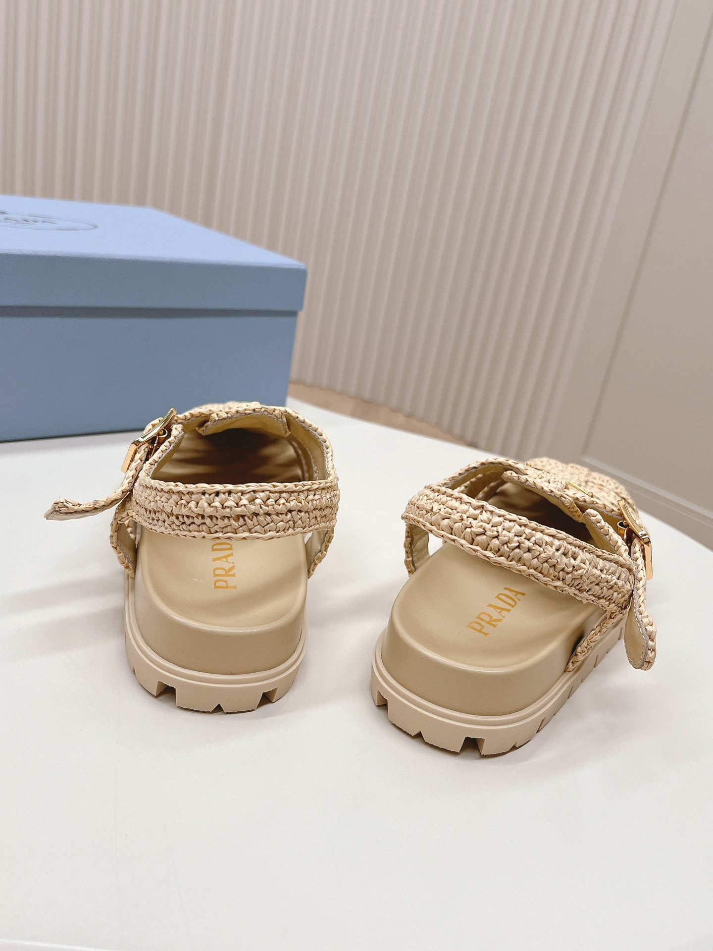 PRADA Monolith Crochet Cage Sandals 30 Beige