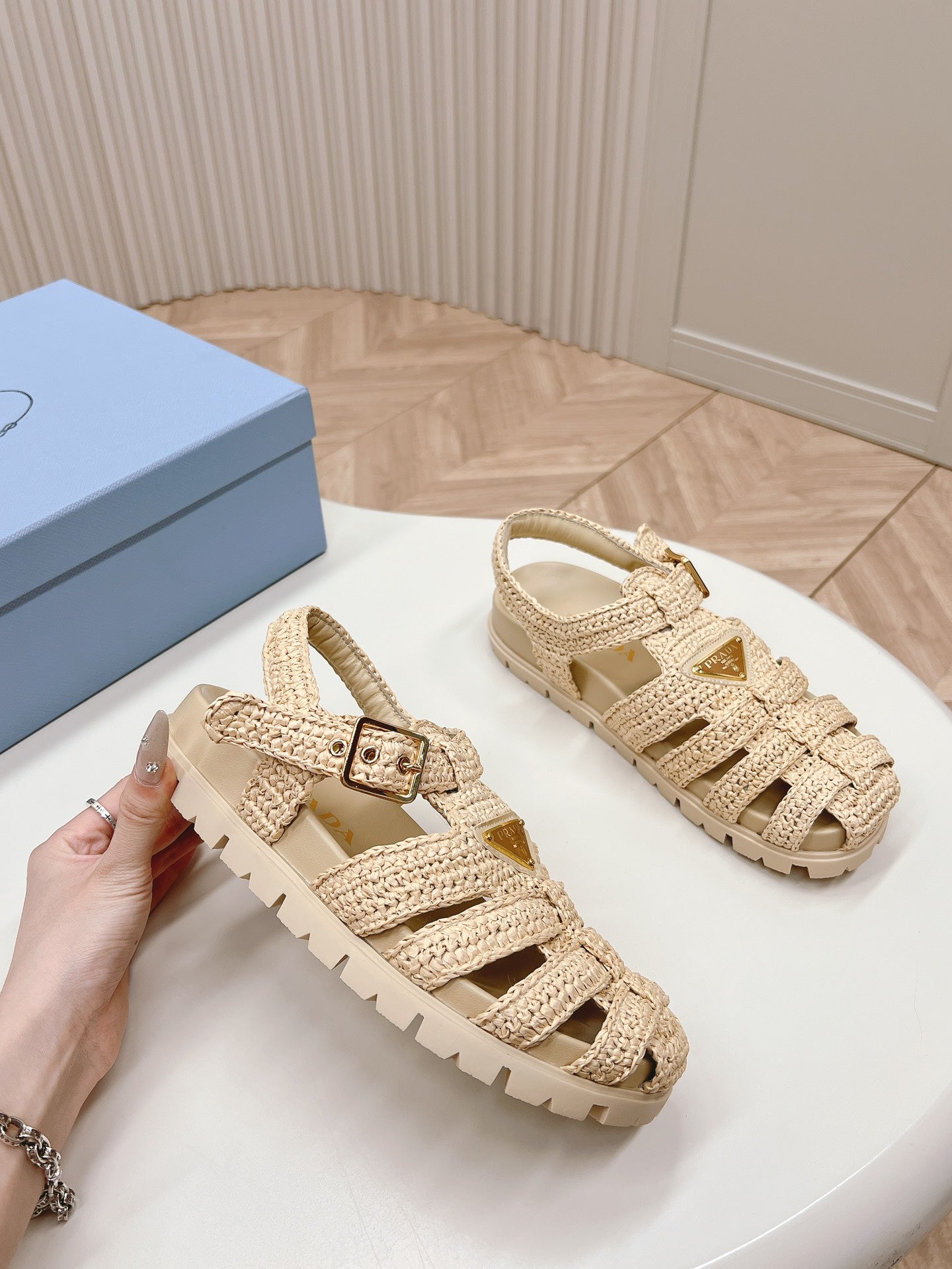 PRADA Monolith Crochet Cage Sandals 30 Beige