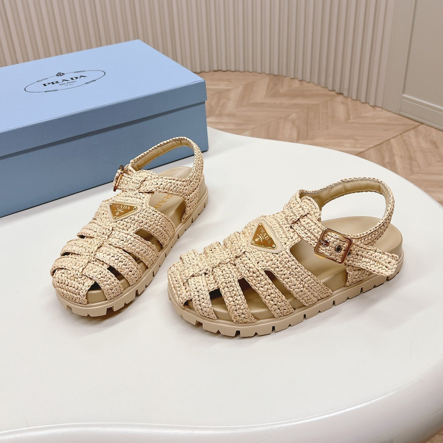 PRADA Monolith Crochet Cage Sandals 30 Beige