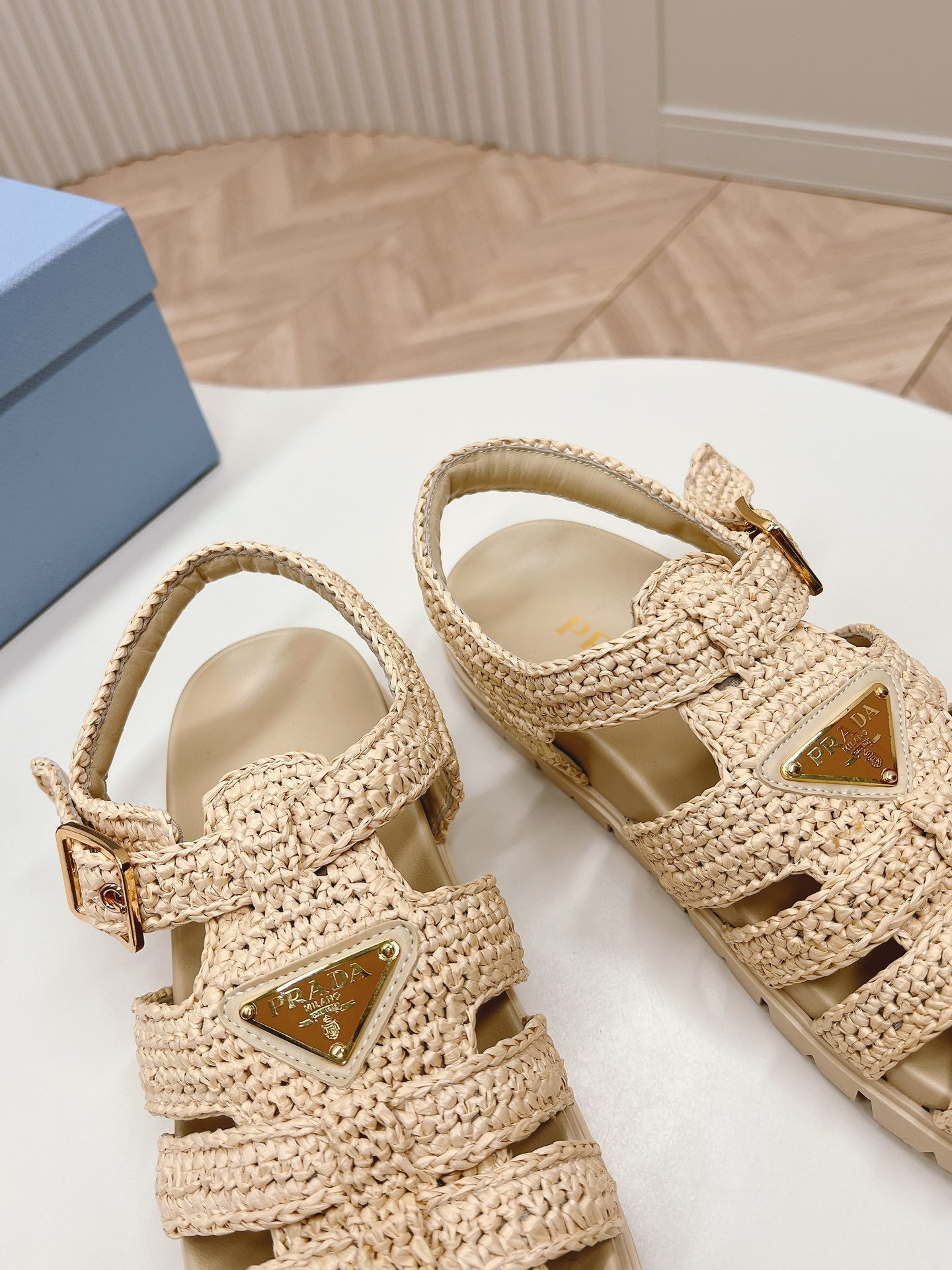 PRADA Monolith Crochet Cage Sandals 30 Beige