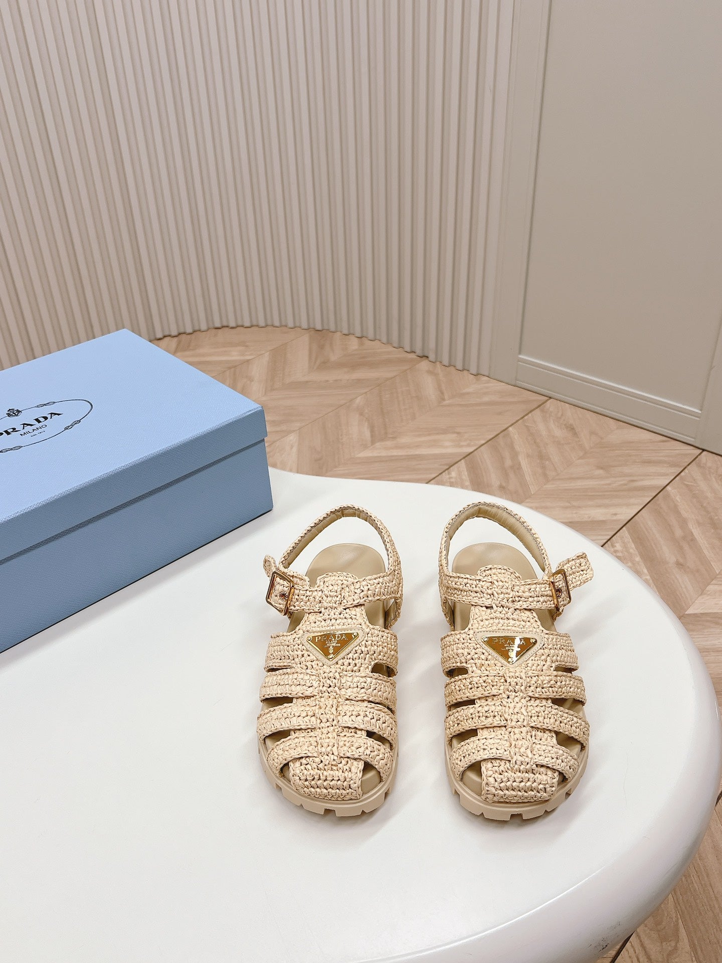 PRADA Monolith Crochet Cage Sandals 30 Beige