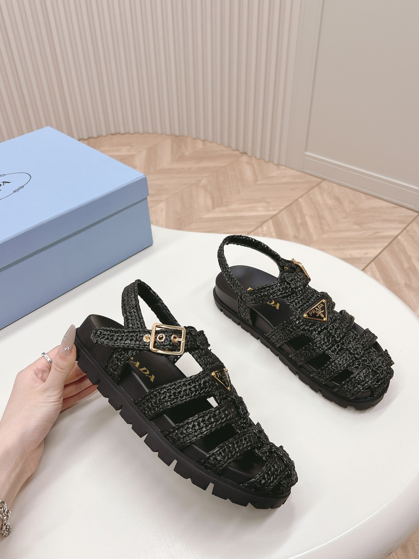 PRADA Monolith Crochet Cage Sandals 30 Black