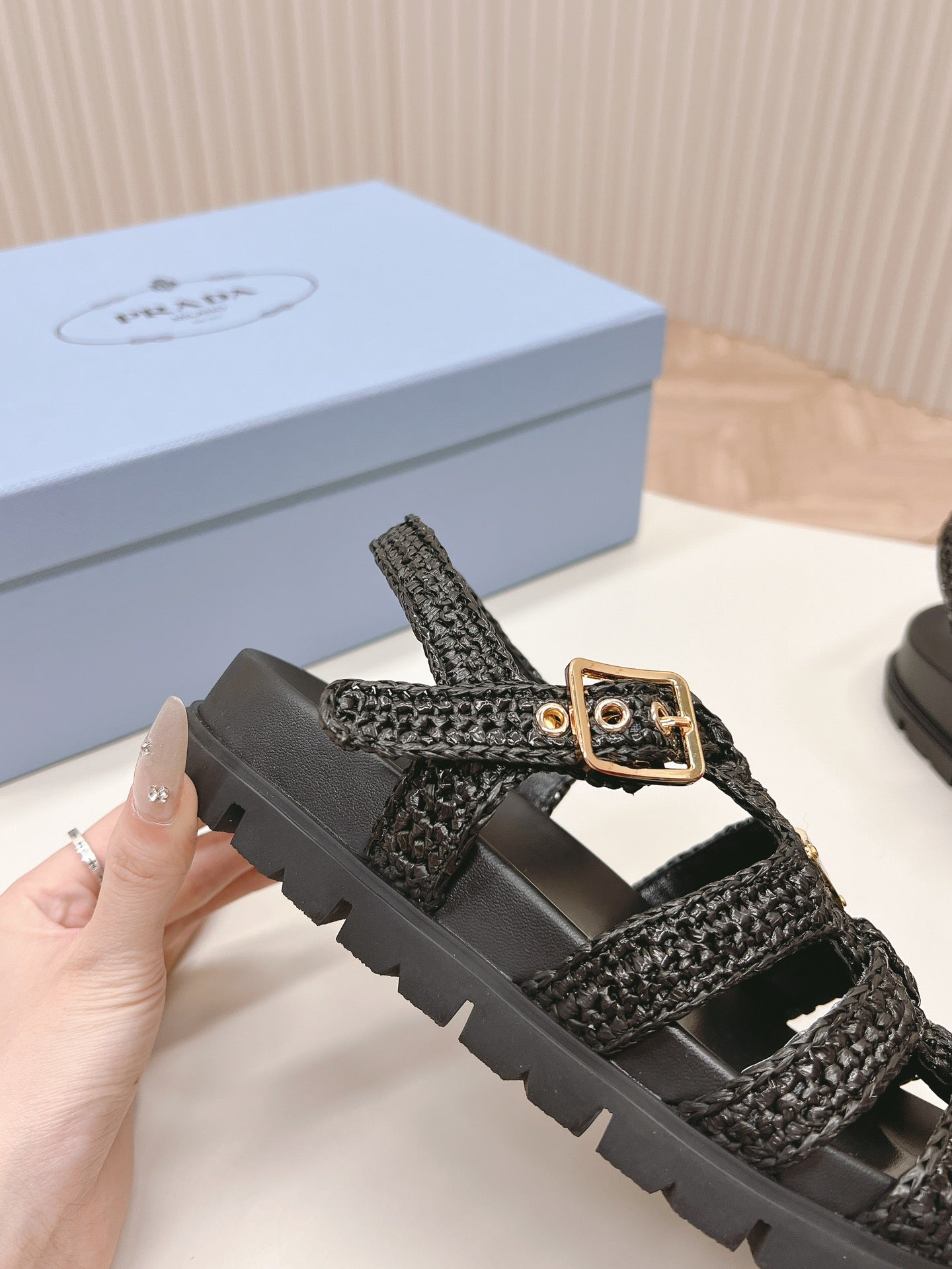PRADA Monolith Crochet Cage Sandals 30 Black
