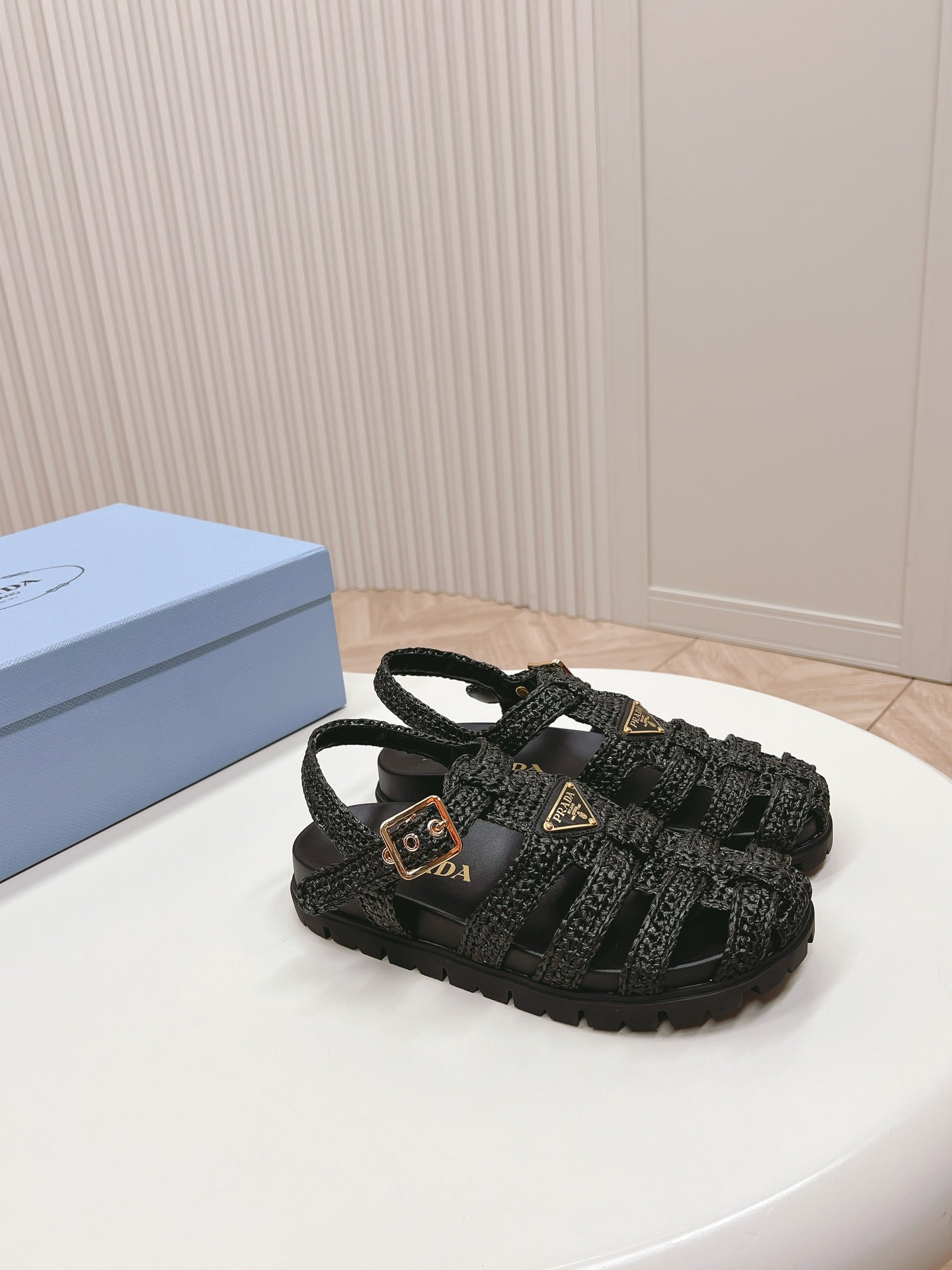 PRADA Monolith Crochet Cage Sandals 30 Black