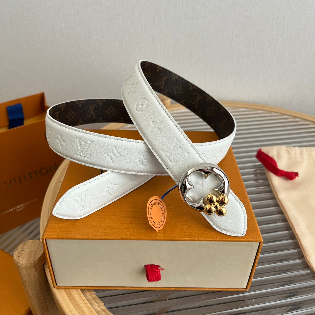 Louis Vuitton Flowergram Round 30mm Reversible Belt White Brown Empreinte Calfskin