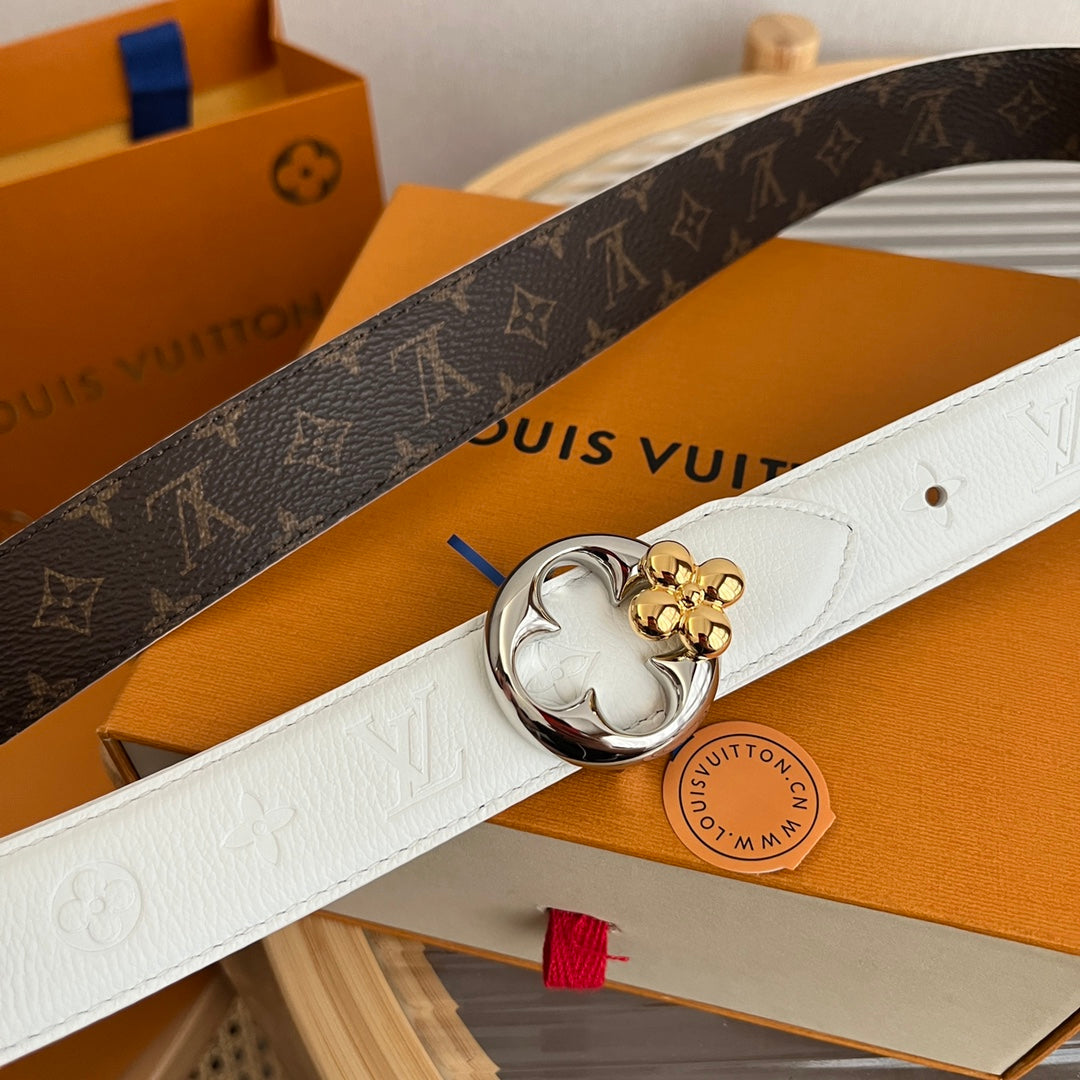 Louis Vuitton Flowergram Round 30mm Reversible Belt White Brown Empreinte Calfskin
