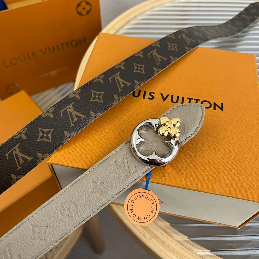 Louis Vuitton Flowergram Round 30mm Reversible Belt Grey Brown Empreinte Calfskin