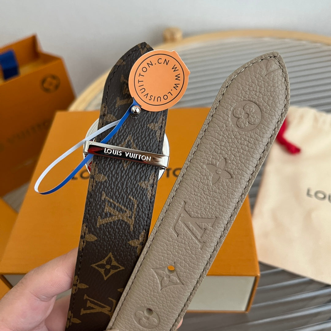 Louis Vuitton Flowergram Round 30mm Reversible Belt Grey Brown Empreinte Calfskin